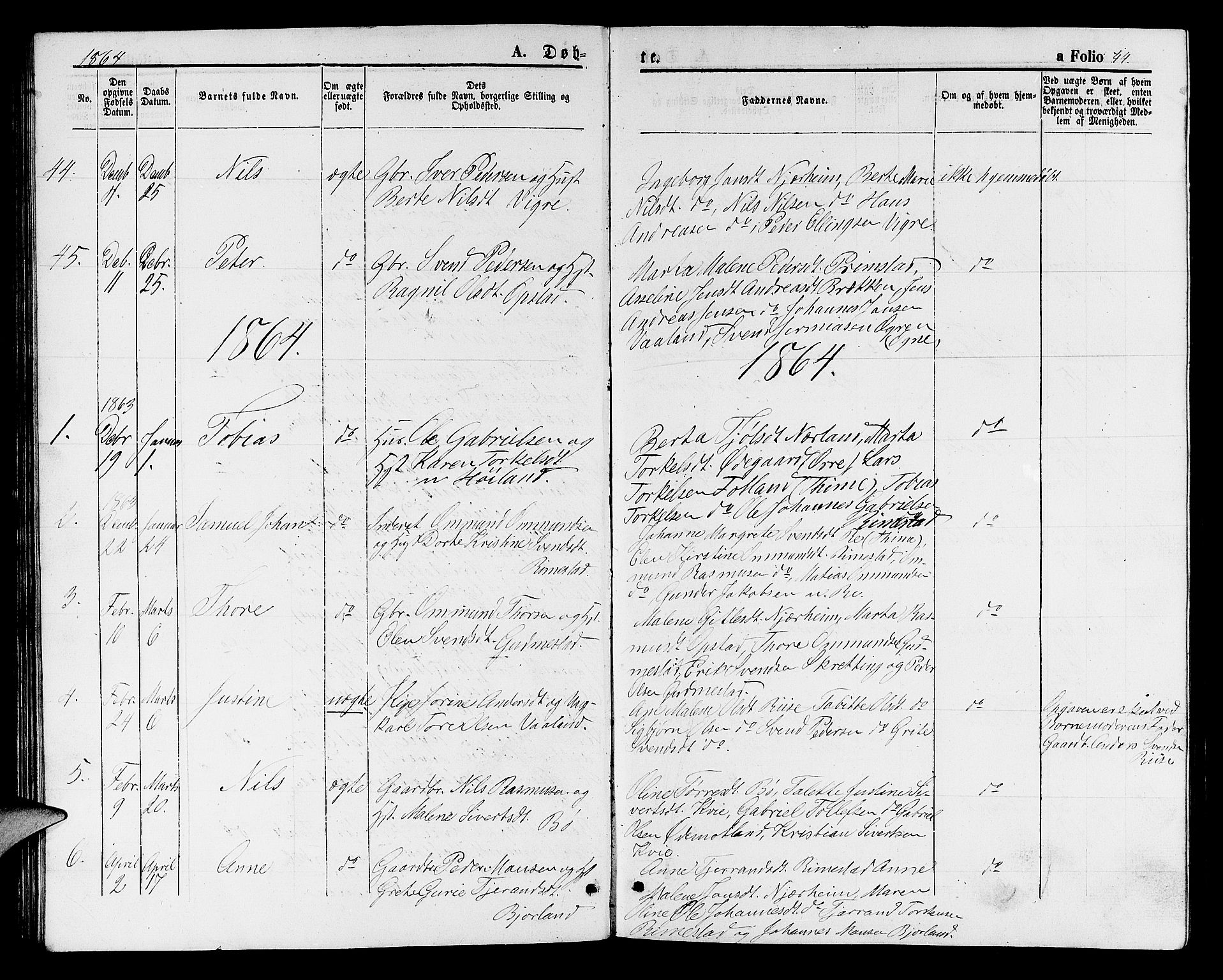 Hå sokneprestkontor, SAST/A-101801/001/30BB/L0001: Parish register (copy) no. B 1, 1854-1883, p. 44