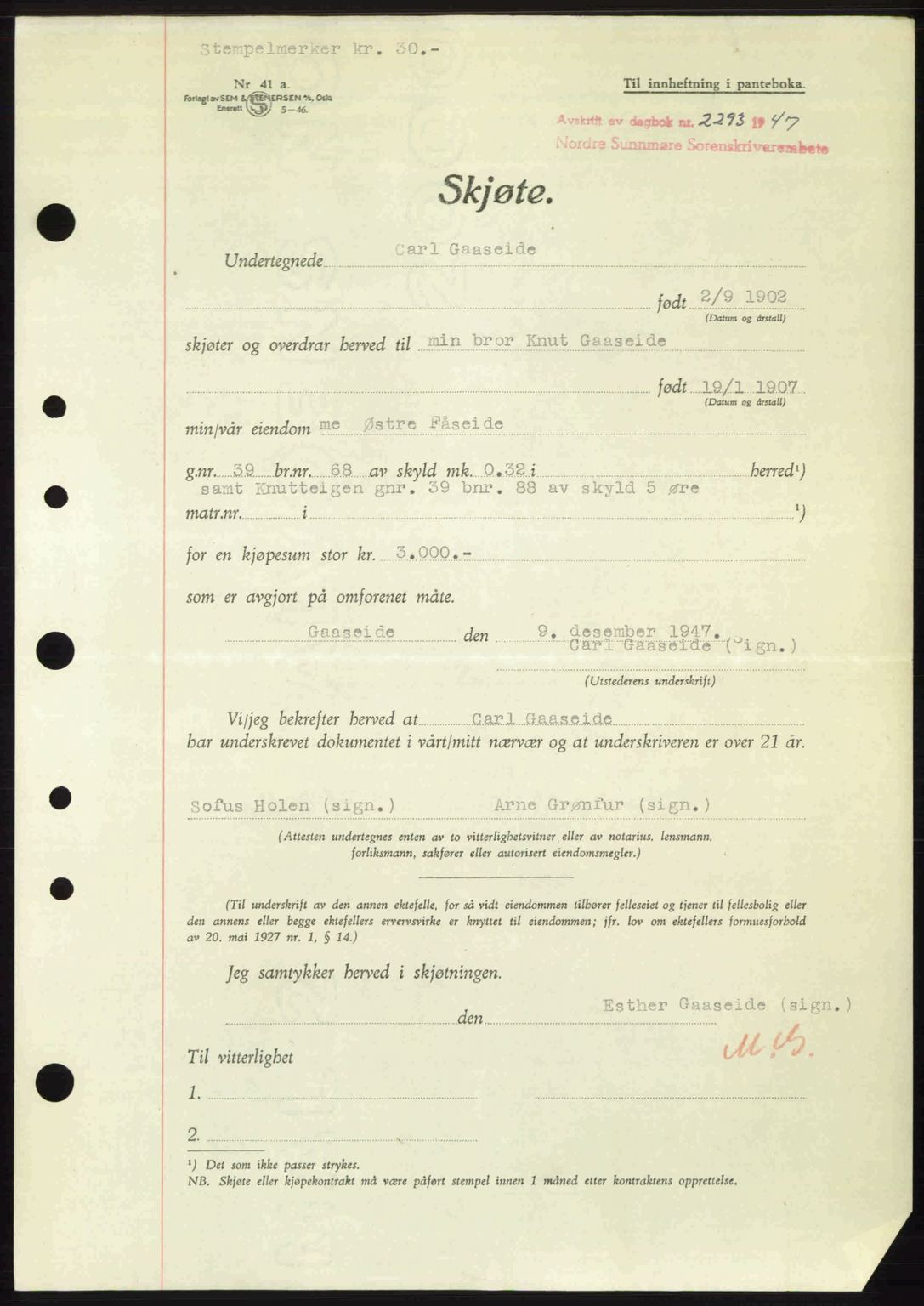 Nordre Sunnmøre sorenskriveri, AV/SAT-A-0006/1/2/2C/2Ca: Mortgage book no. A26, 1947-1948, Diary no: : 2293/1947