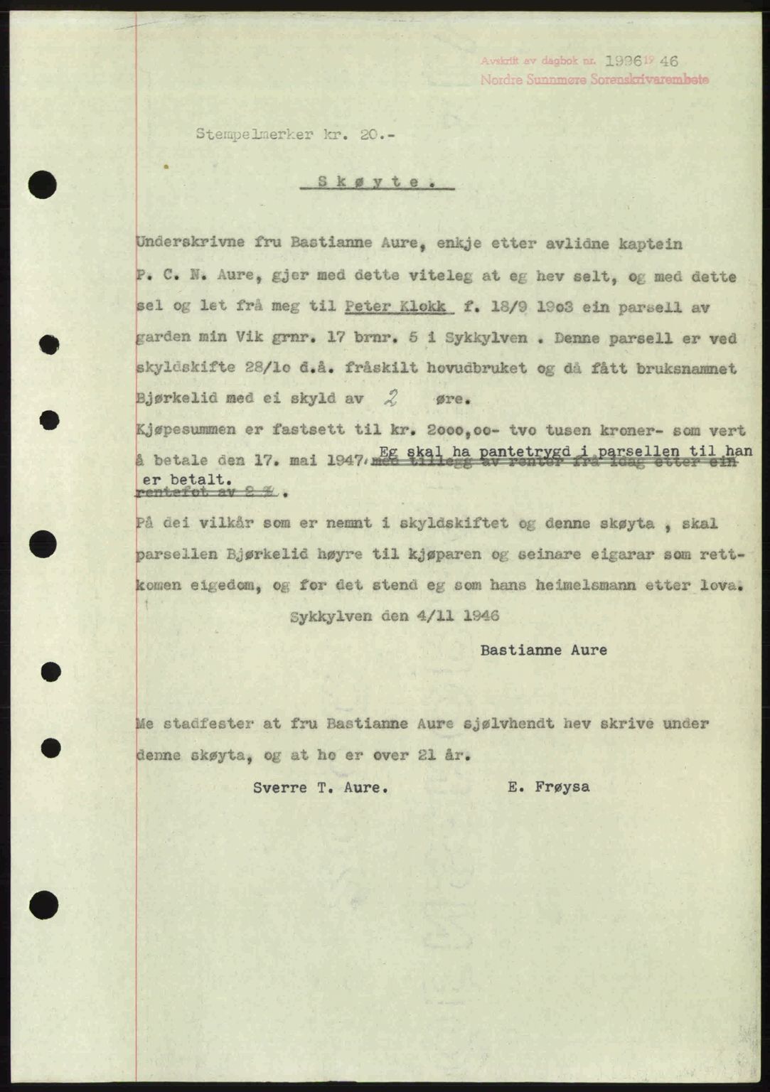 Nordre Sunnmøre sorenskriveri, AV/SAT-A-0006/1/2/2C/2Ca: Mortgage book no. A23, 1946-1947, Diary no: : 1996/1946