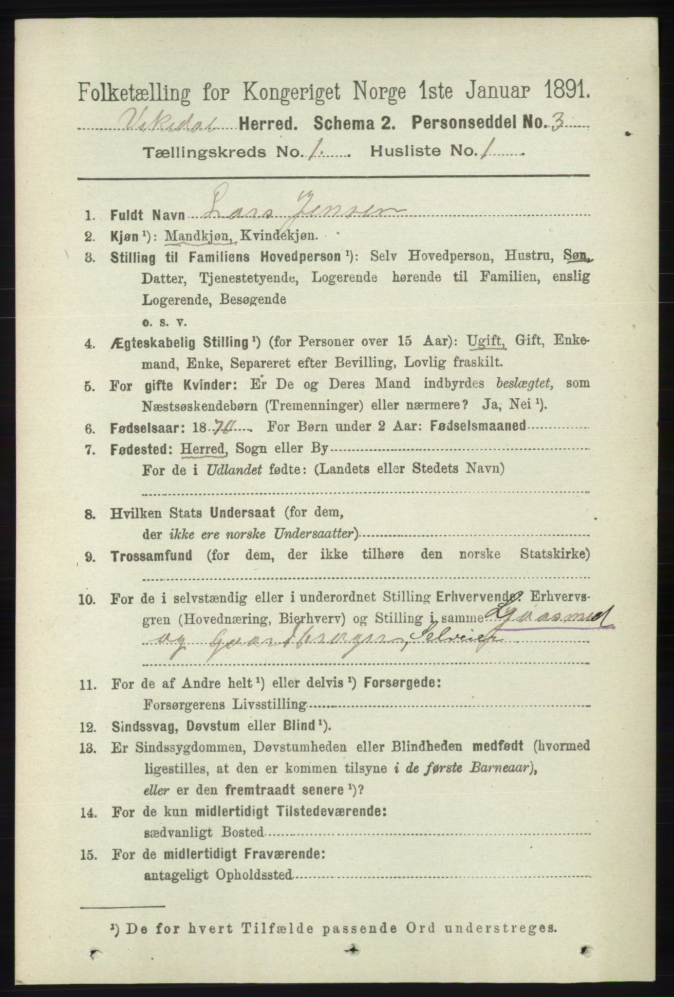 RA, 1891 census for 1157 Vikedal, 1891, p. 62