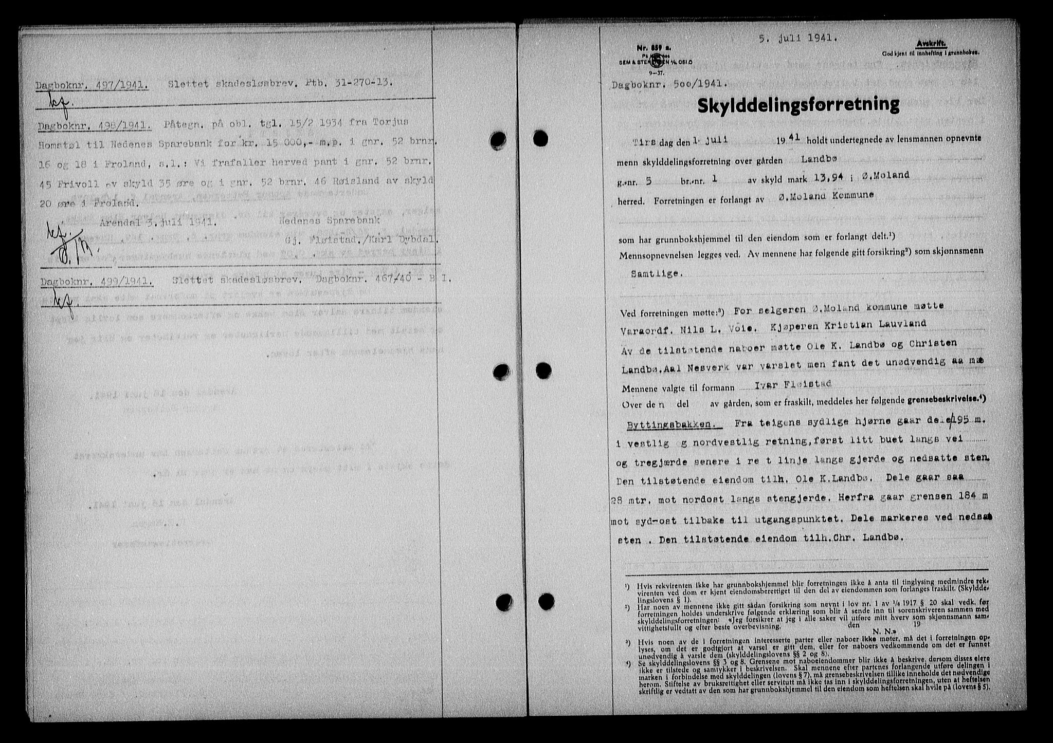 Nedenes sorenskriveri, SAK/1221-0006/G/Gb/Gba/L0048: Mortgage book no. A-II, 1940-1941, Diary no: : 500/1941