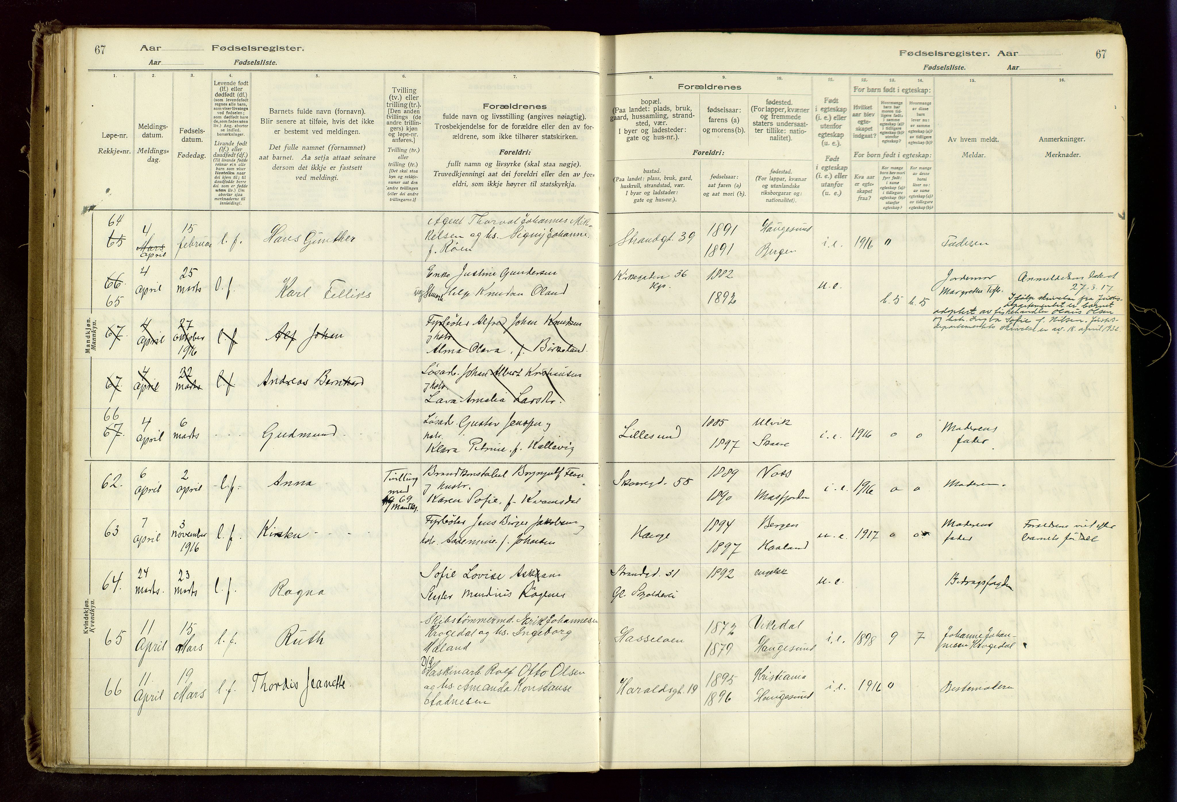 Haugesund sokneprestkontor, SAST/A -101863/I/Id/L0003: Birth register no. 1, 1916-1919, p. 67