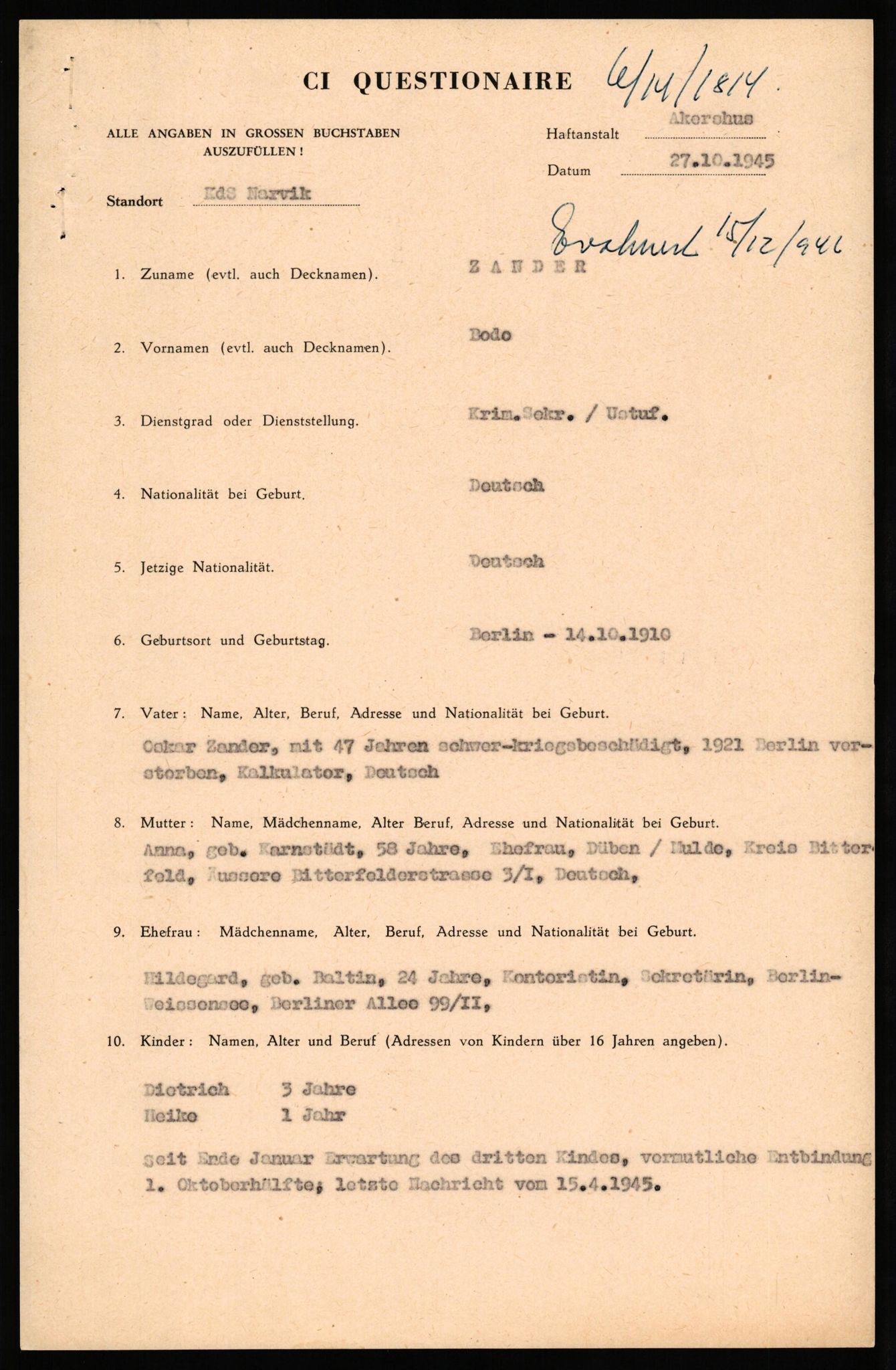 Forsvaret, Forsvarets overkommando II, AV/RA-RAFA-3915/D/Db/L0037: CI Questionaires. Tyske okkupasjonsstyrker i Norge. Tyskere., 1945-1946, p. 41