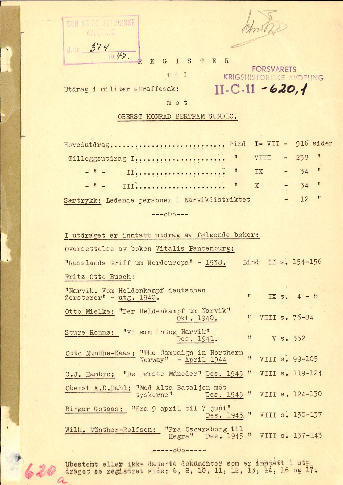 Forsvaret, Forsvarets krigshistoriske avdeling, RA/RAFA-2017/Y/Yb/L0142: II-C-11-620  -  6. Divisjon, 1940-1947, p. 1