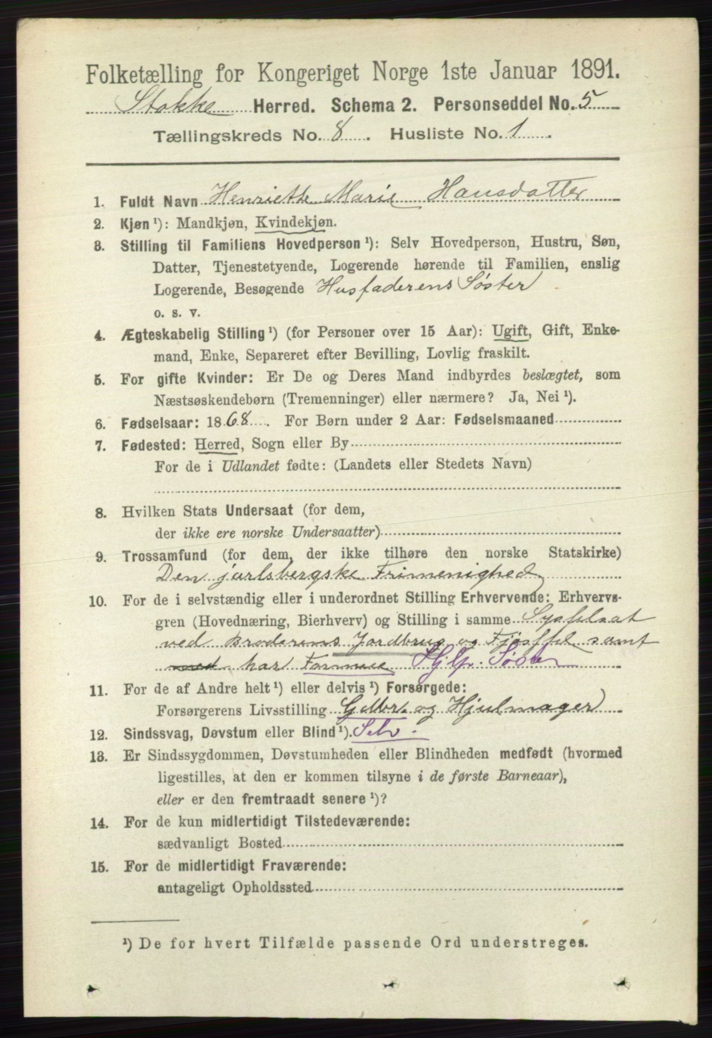 RA, 1891 census for 0720 Stokke, 1891, p. 5074