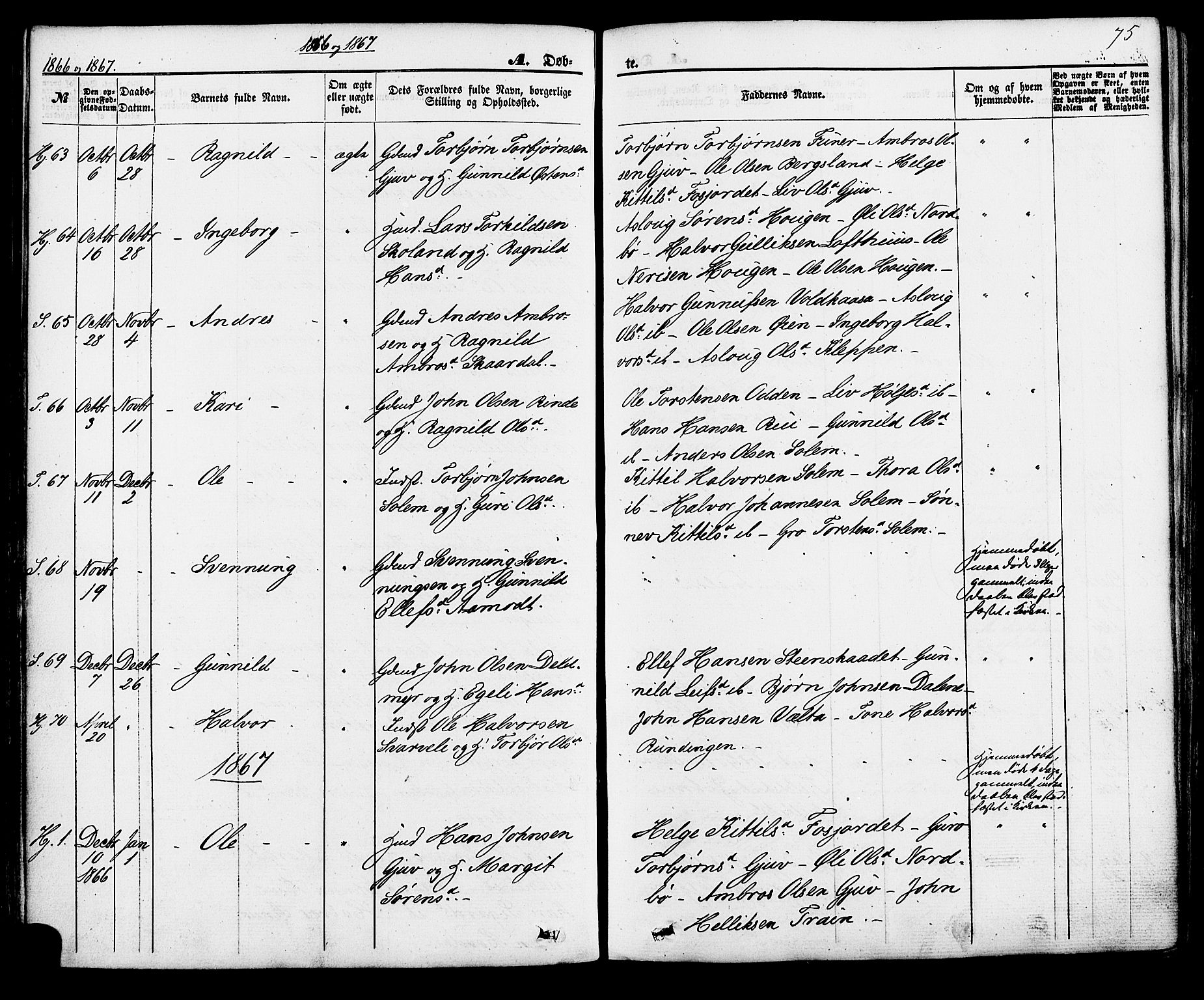 Hjartdal kirkebøker, SAKO/A-270/F/Fa/L0009: Parish register (official) no. I 9, 1860-1879, p. 75