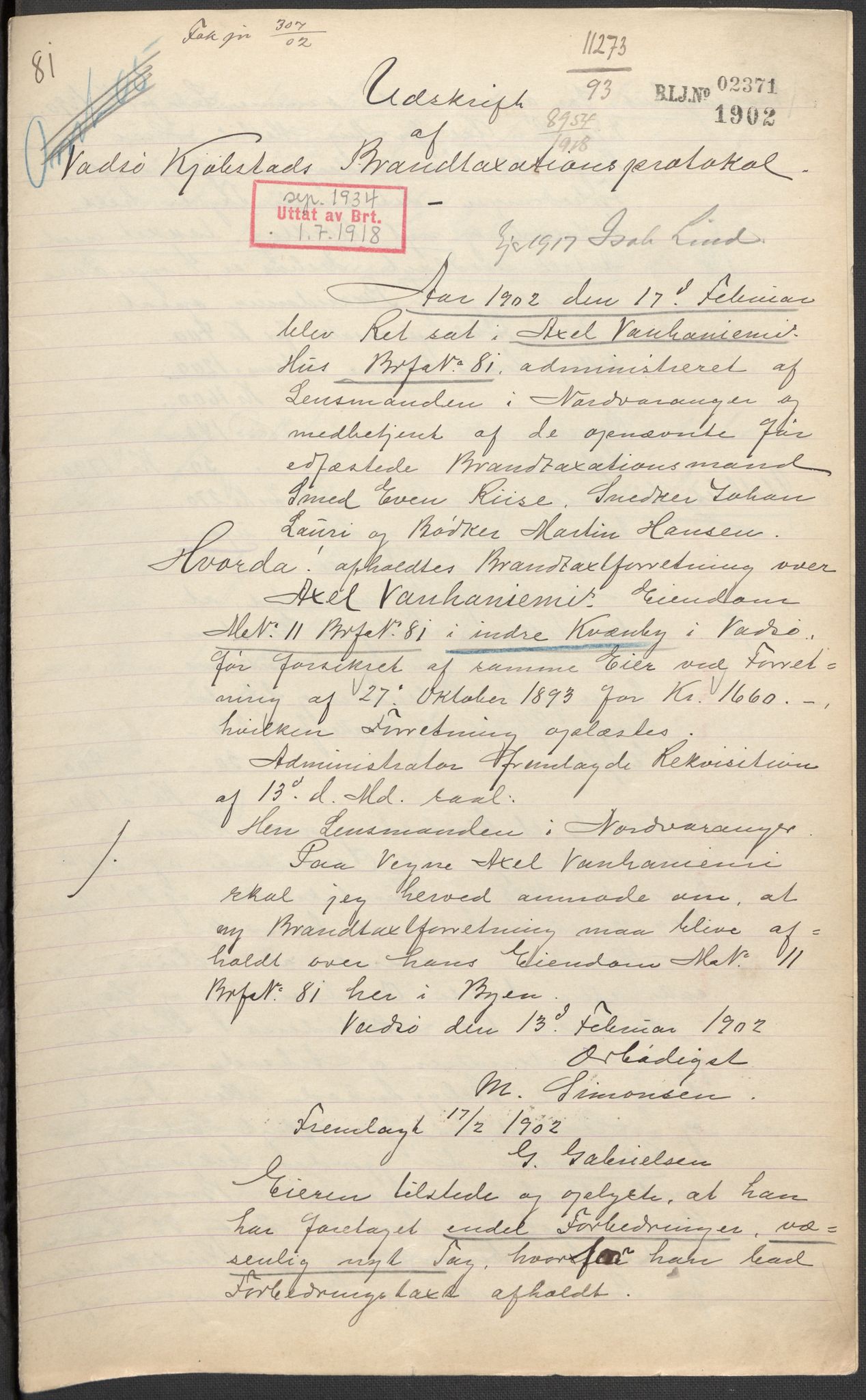 Norges Brannkasse, AV/RA-S-1549/E/Eu/L0010: Branntakster for Vadsø by, 1854-1949, p. 11