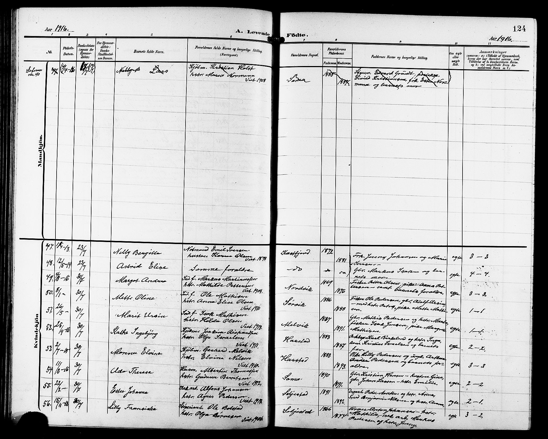 Trondenes sokneprestkontor, AV/SATØ-S-1319/H/Hb/L0012klokker: Parish register (copy) no. 12, 1907-1916, p. 124