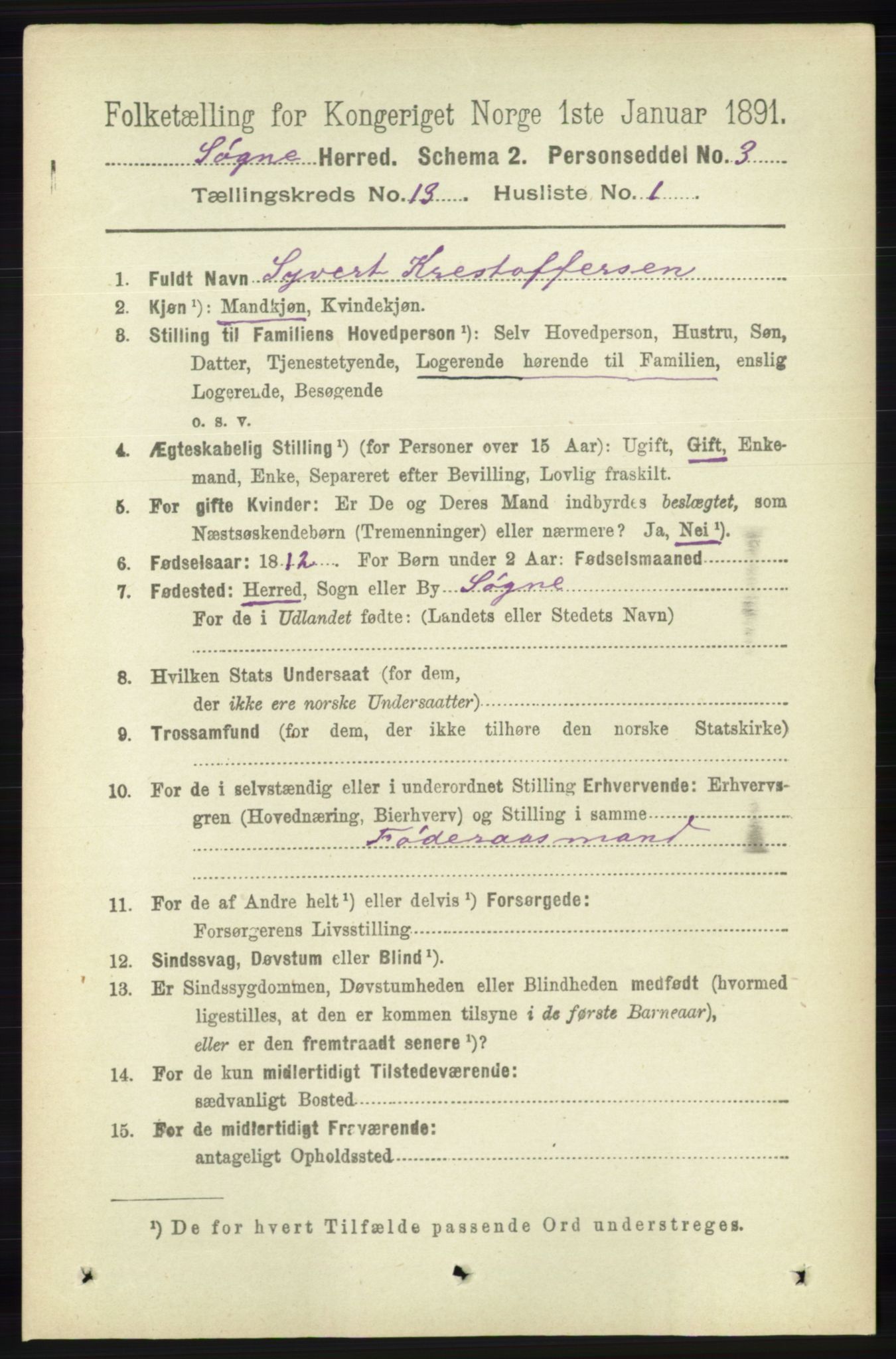 RA, 1891 census for 1018 Søgne, 1891, p. 3214