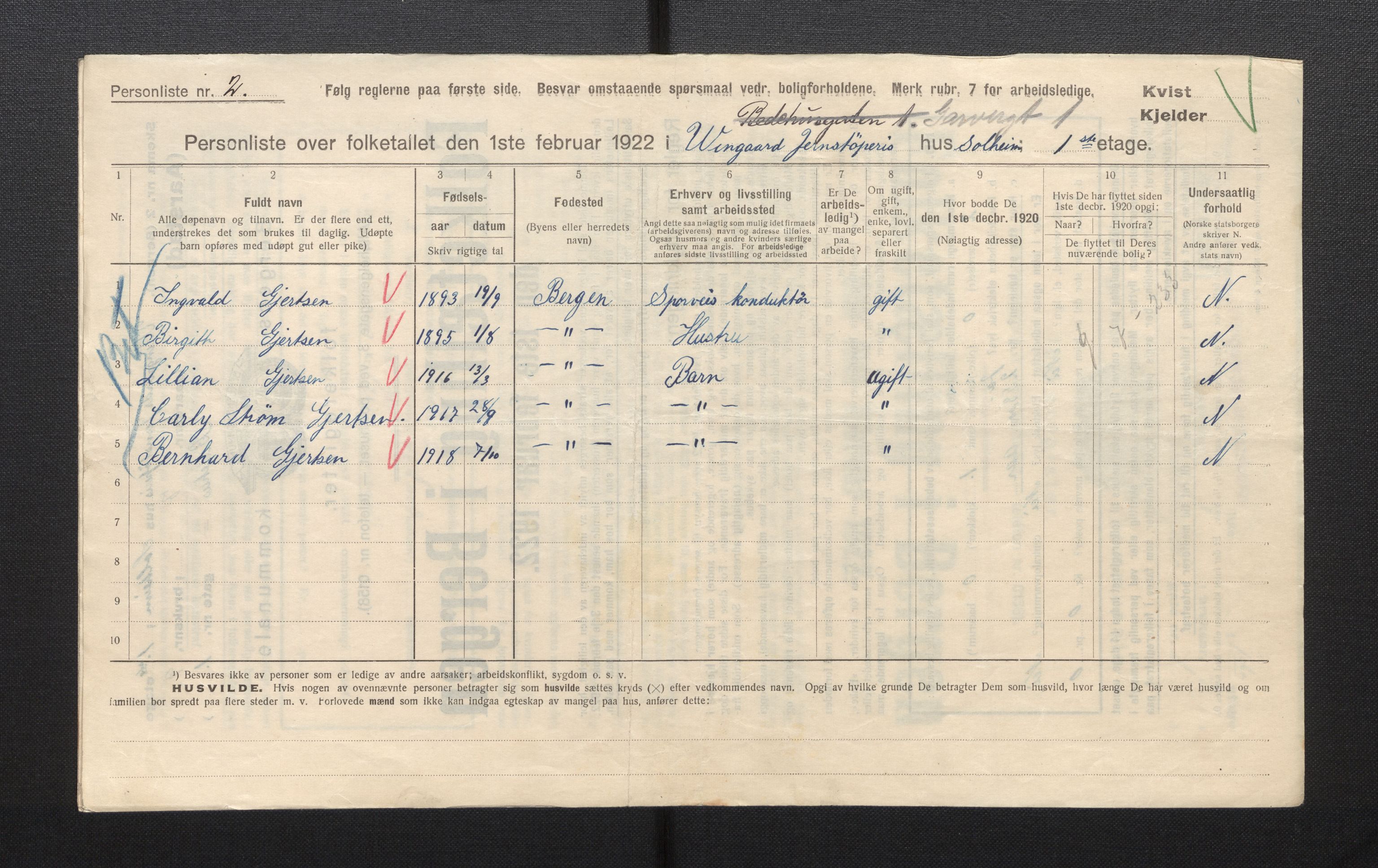 SAB, Municipal Census 1922 for Bergen, 1922, p. 52616