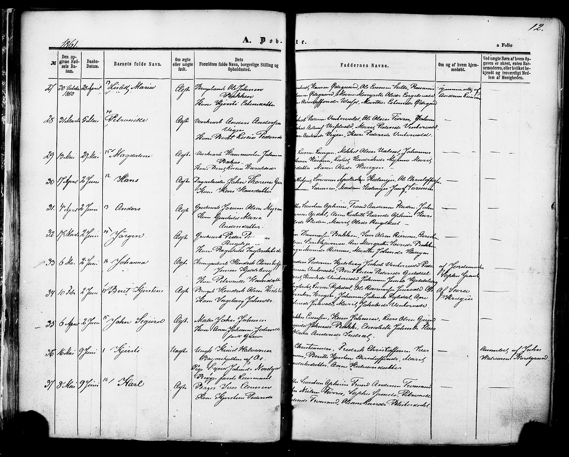 Ministerialprotokoller, klokkerbøker og fødselsregistre - Sør-Trøndelag, AV/SAT-A-1456/681/L0932: Parish register (official) no. 681A10, 1860-1878, p. 12