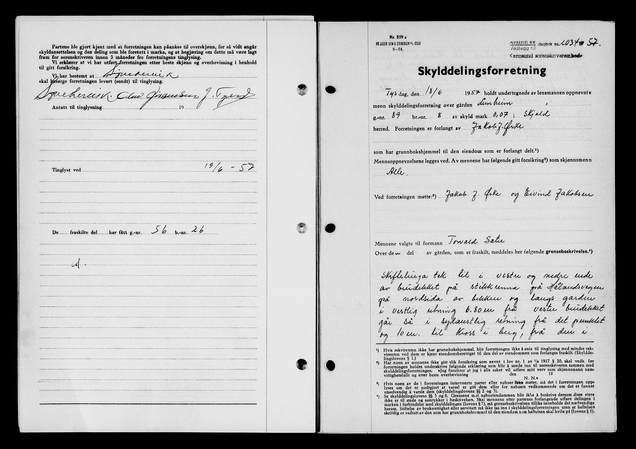 Karmsund sorenskriveri, SAST/A-100311/01/II/IIB/L0125: Mortgage book no. 105A, 1957-1957, Diary no: : 2034/1957