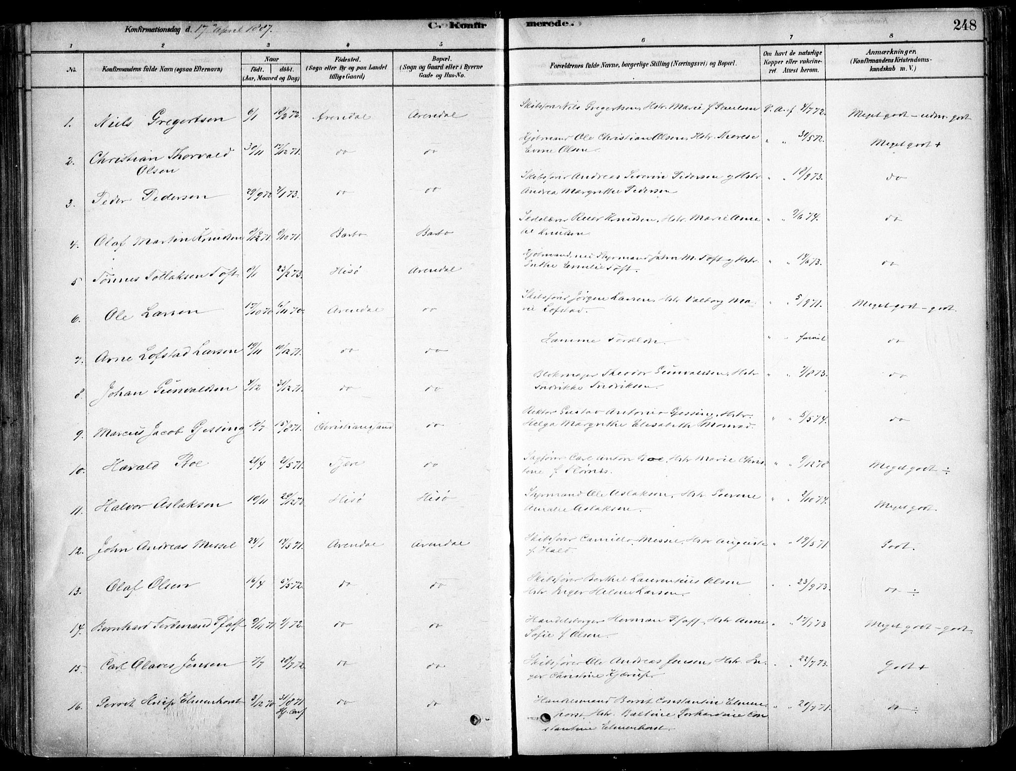 Arendal sokneprestkontor, Trefoldighet, SAK/1111-0040/F/Fa/L0008: Parish register (official) no. A 8, 1878-1899, p. 248