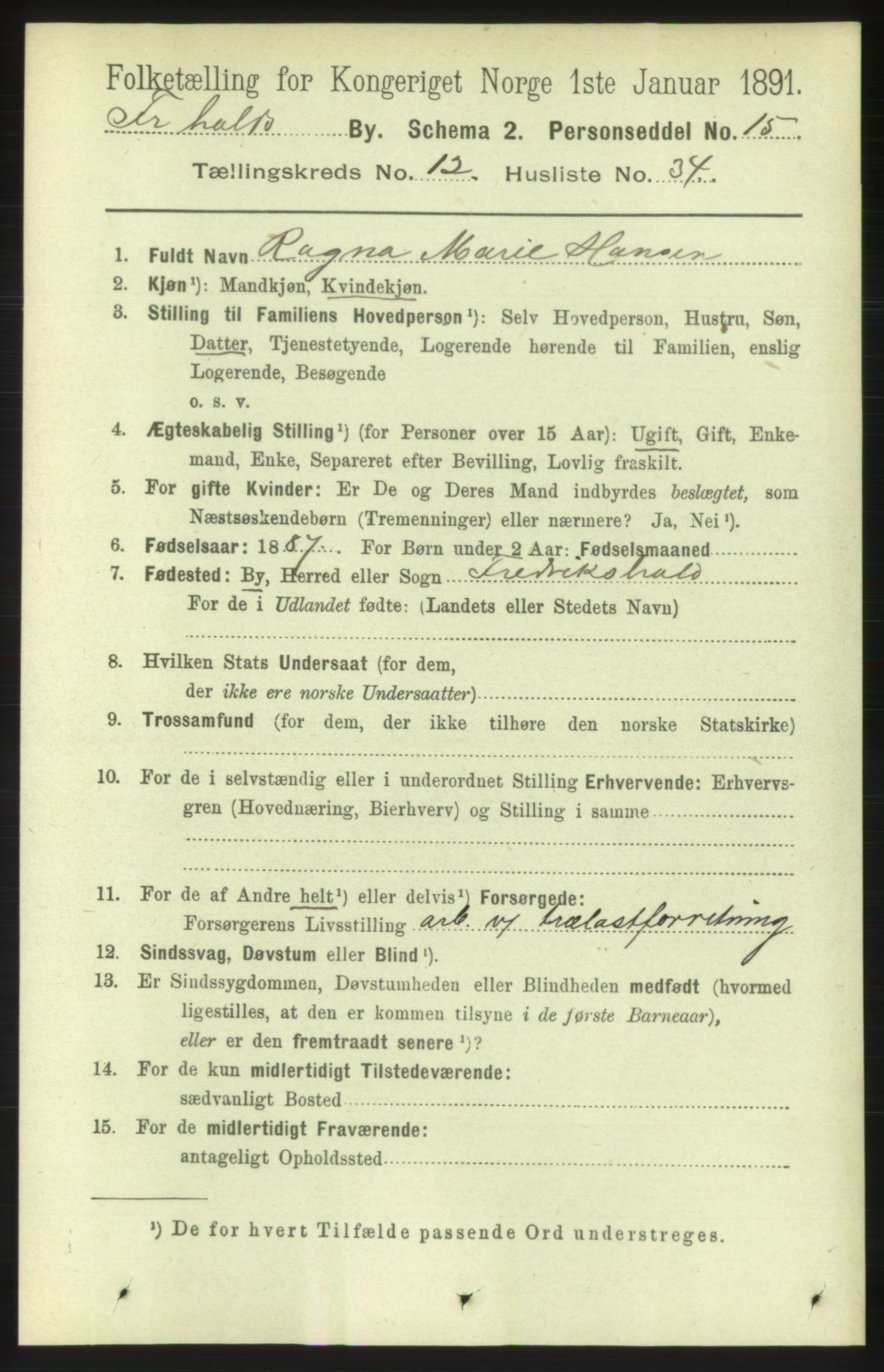 RA, 1891 census for 0101 Fredrikshald, 1891, p. 8734