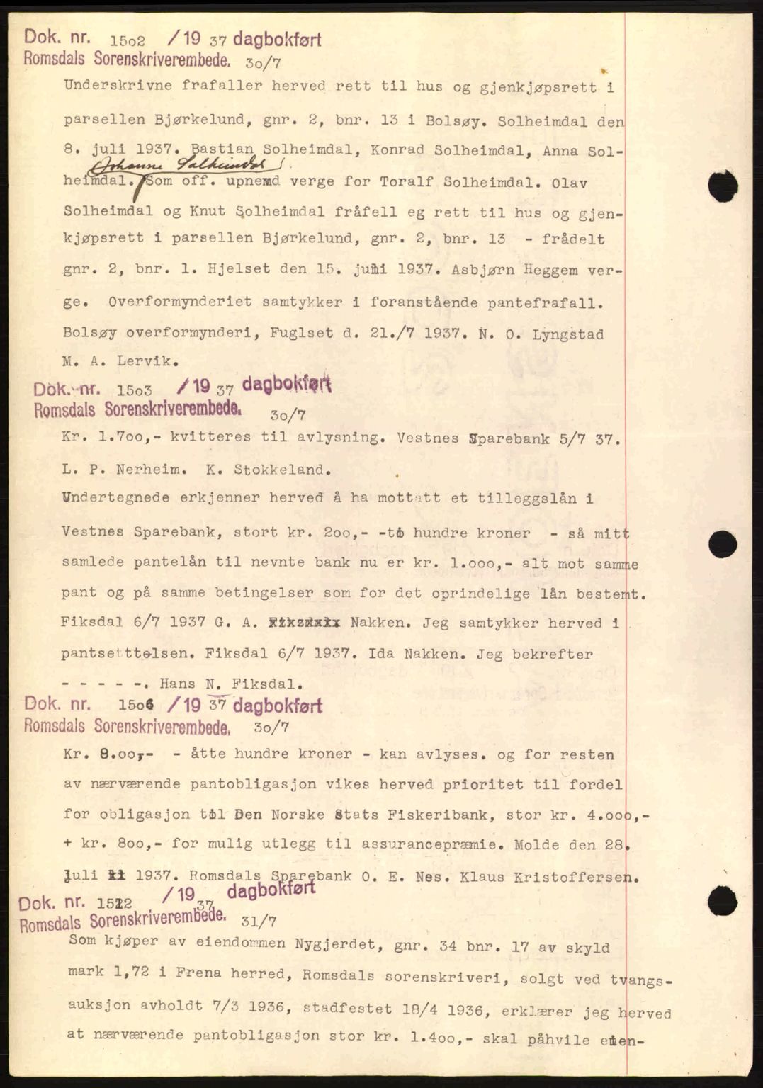 Romsdal sorenskriveri, AV/SAT-A-4149/1/2/2C: Mortgage book no. C1a, 1936-1945, Diary no: : 1502/1937