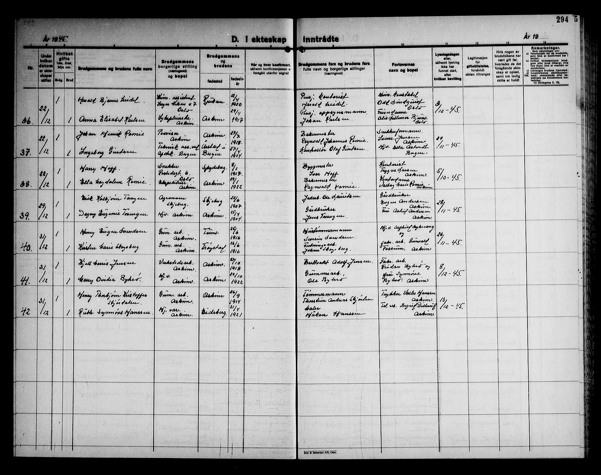 Askim prestekontor Kirkebøker, AV/SAO-A-10900/G/Ga/L0004: Parish register (copy) no. 4, 1938-1947, p. 294