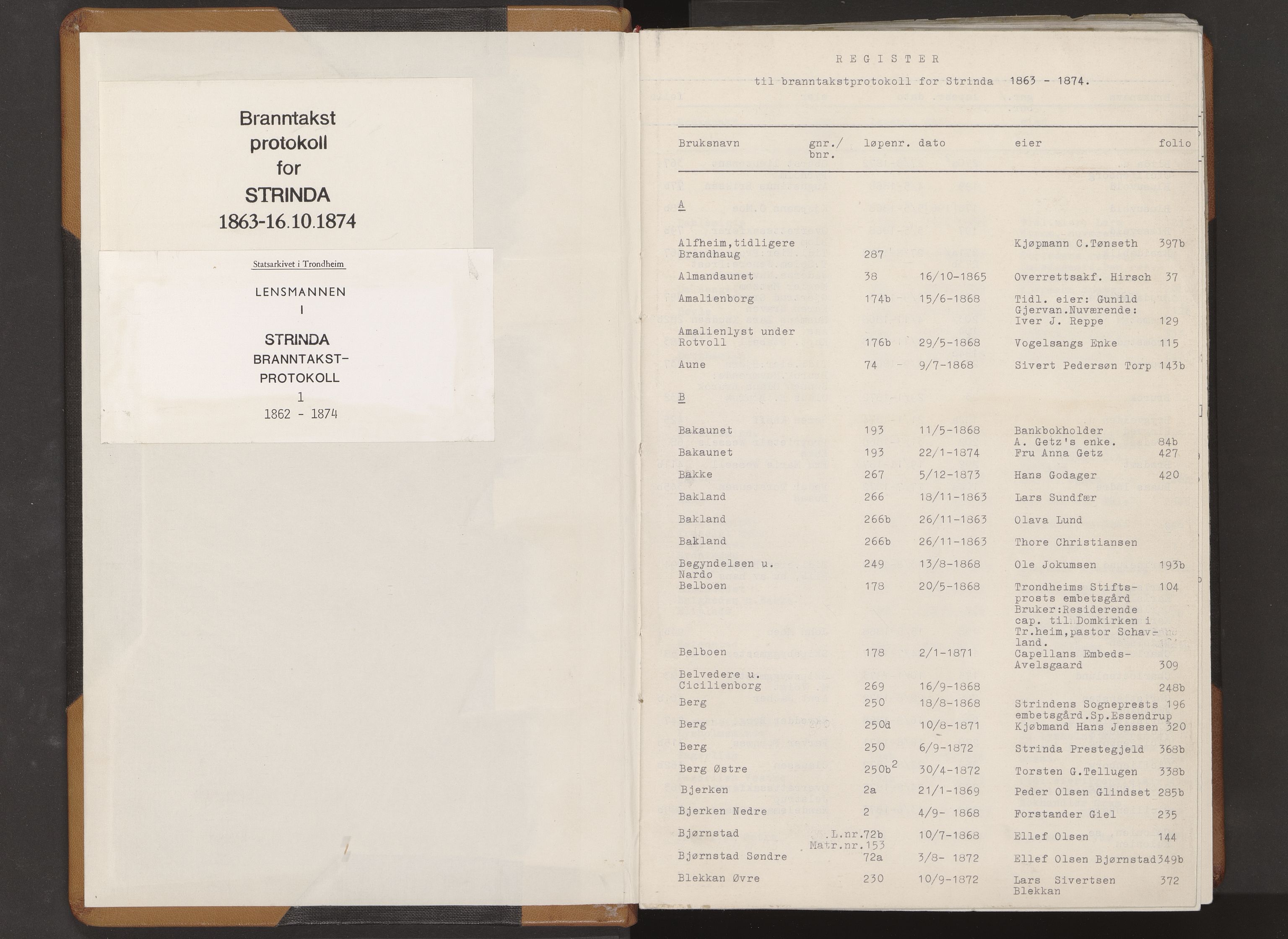 Norges Brannkasse Strinda, AV/SAT-A-5516/Fa/L0001: Branntakstprotokoll, 1862-1874