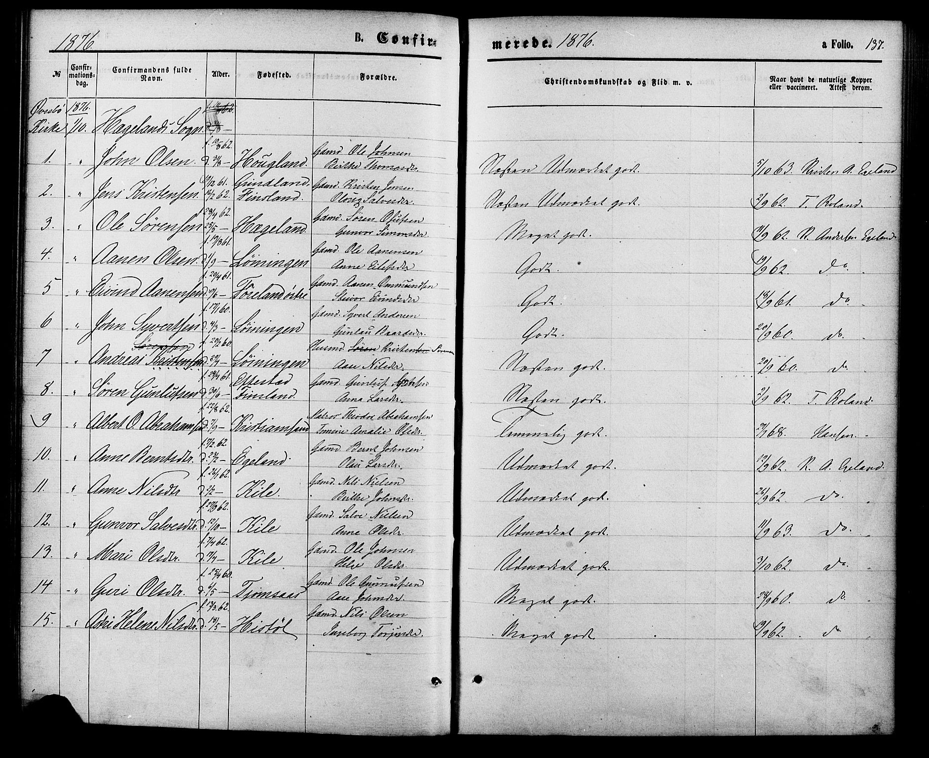 Vennesla sokneprestkontor, AV/SAK-1111-0045/Fa/Fac/L0008: Parish register (official) no. A 8, 1874-1883, p. 137