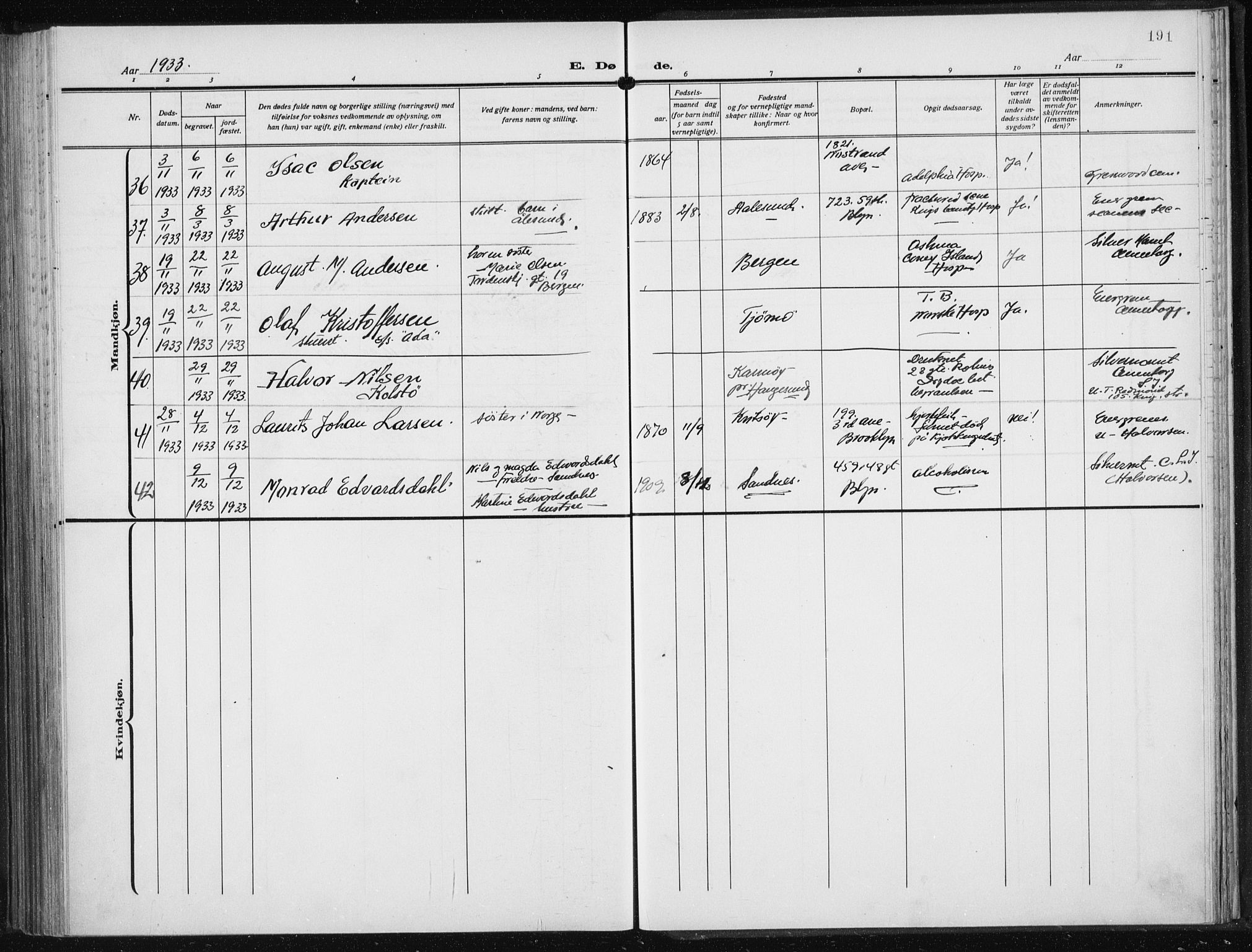 Den norske sjømannsmisjon i utlandet/New York, AV/SAB-SAB/PA-0110/H/Ha/L0008: Parish register (official) no. A 8, 1923-1935, p. 191