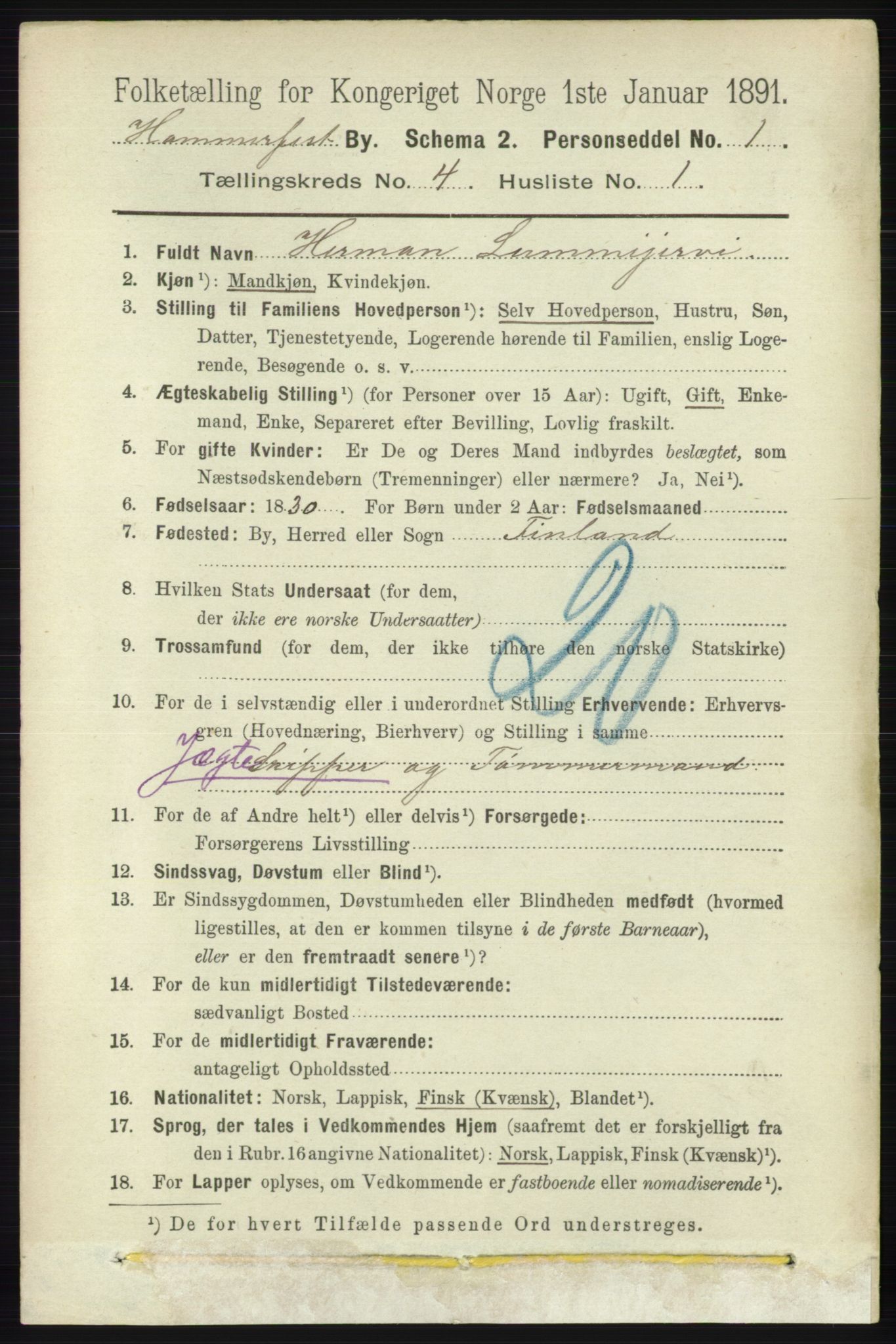 RA, 1891 census for 2001 Hammerfest, 1891, p. 906