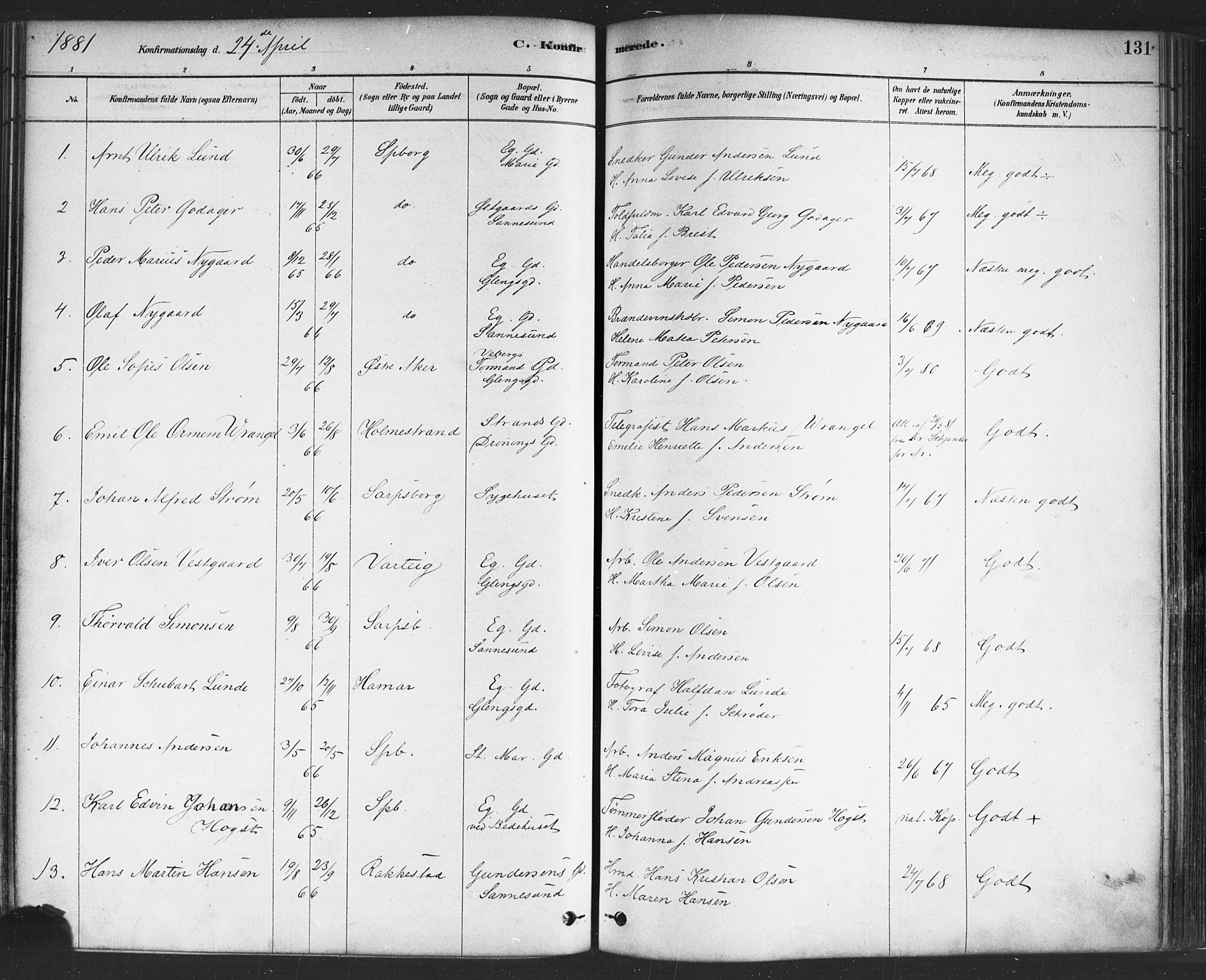 Sarpsborg prestekontor Kirkebøker, AV/SAO-A-2006/F/Fa/L0003: Parish register (official) no. 3, 1878-1891, p. 131