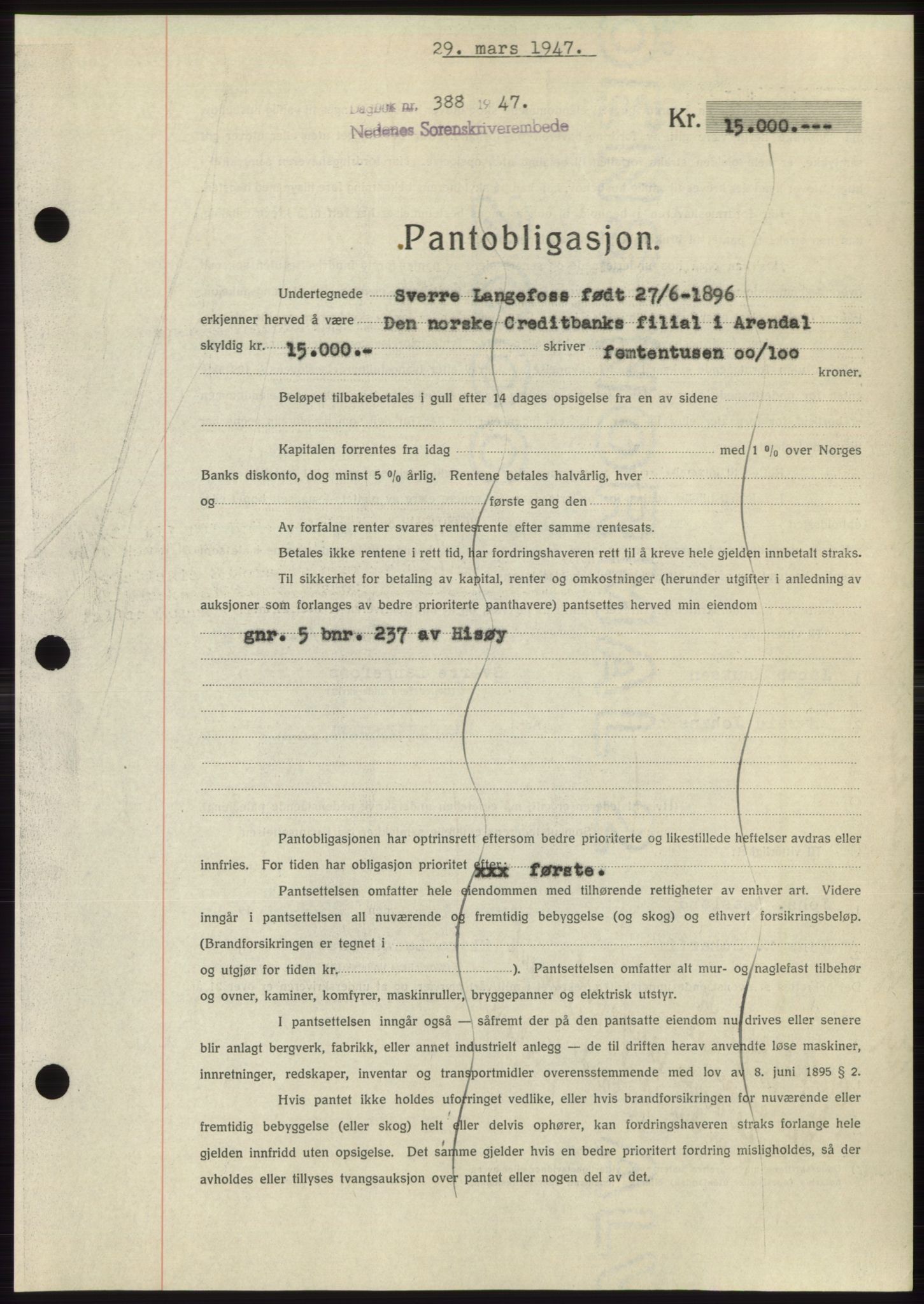 Nedenes sorenskriveri, AV/SAK-1221-0006/G/Gb/Gbb/L0004: Mortgage book no. B4, 1947-1947, Diary no: : 388/1947