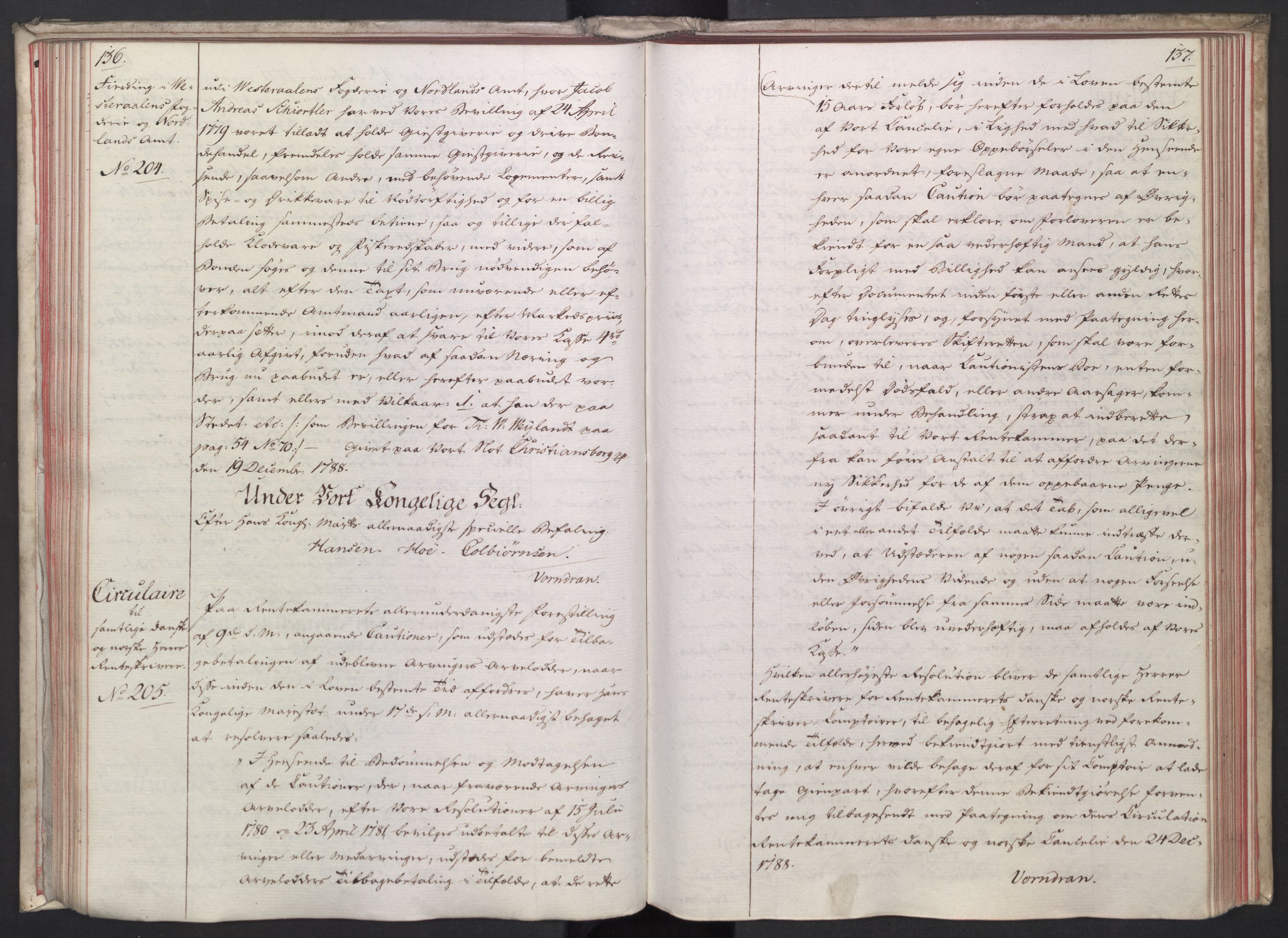 Rentekammeret, Kammerkanselliet, RA/EA-3111/G/Gg/Gga/L0014: Norsk ekspedisjonsprotokoll med register (merket RK 53.14), 1787-1790, p. 136-137