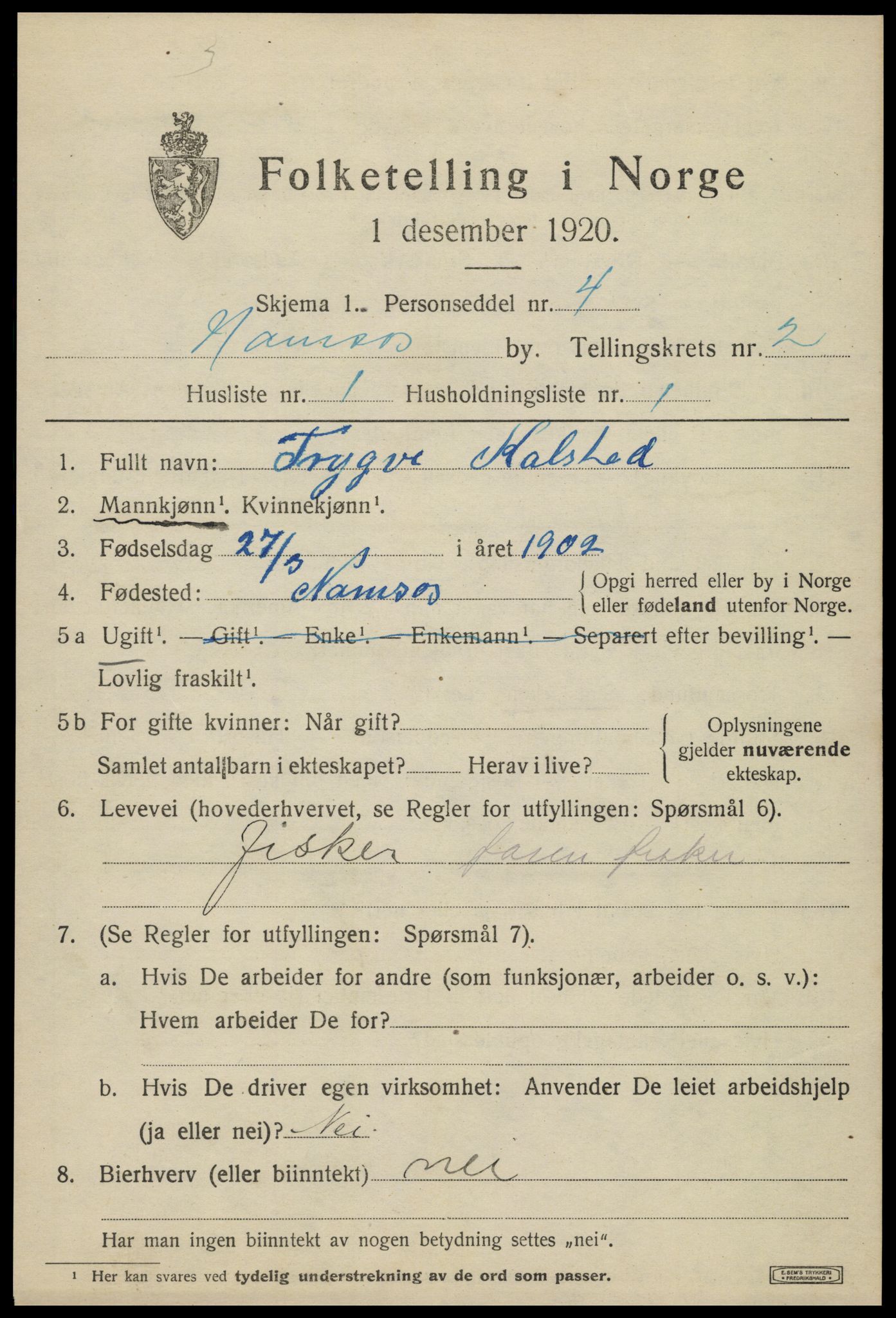 SAT, 1920 census for Namsos, 1920, p. 3139