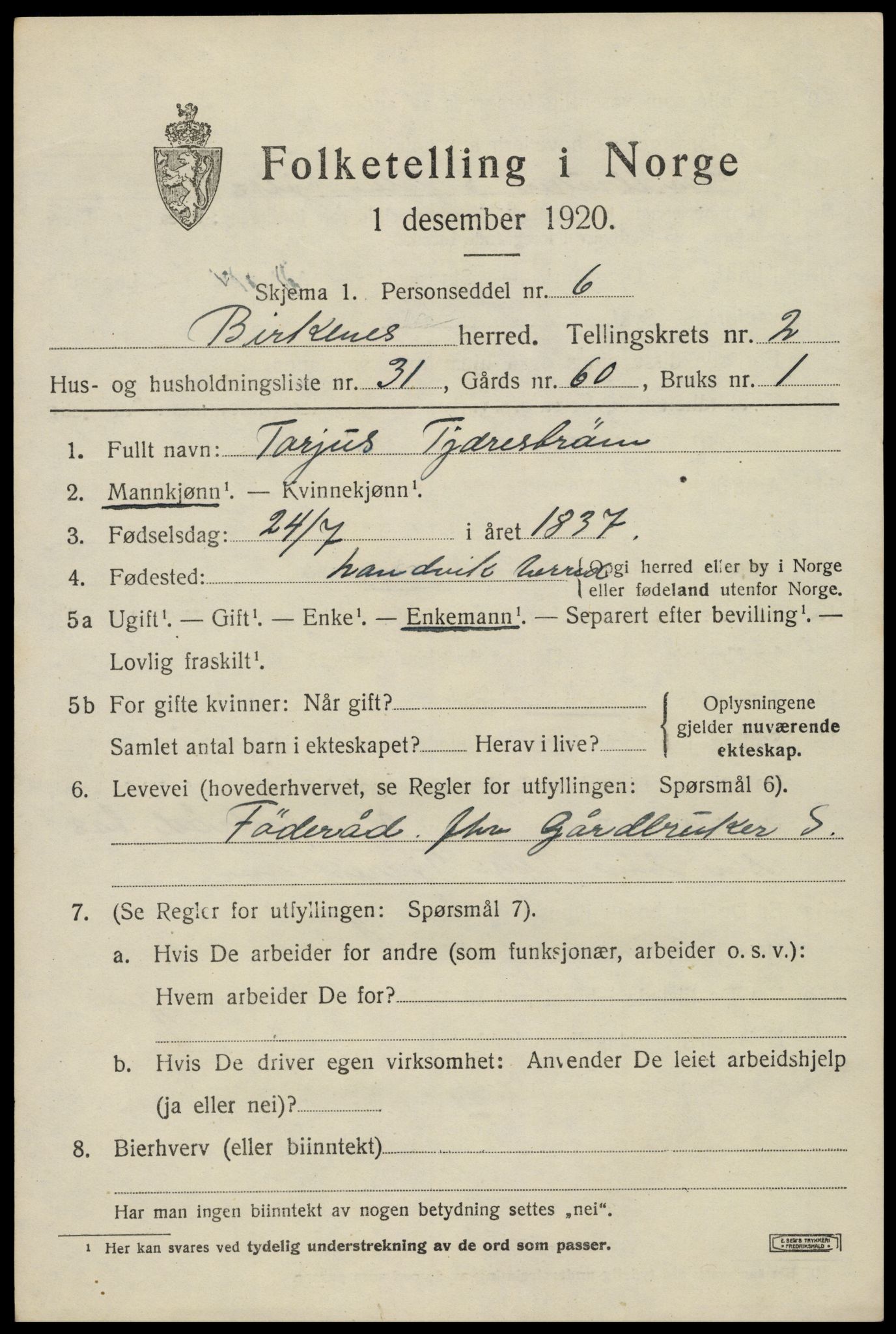 SAK, 1920 census for Birkenes, 1920, p. 1419