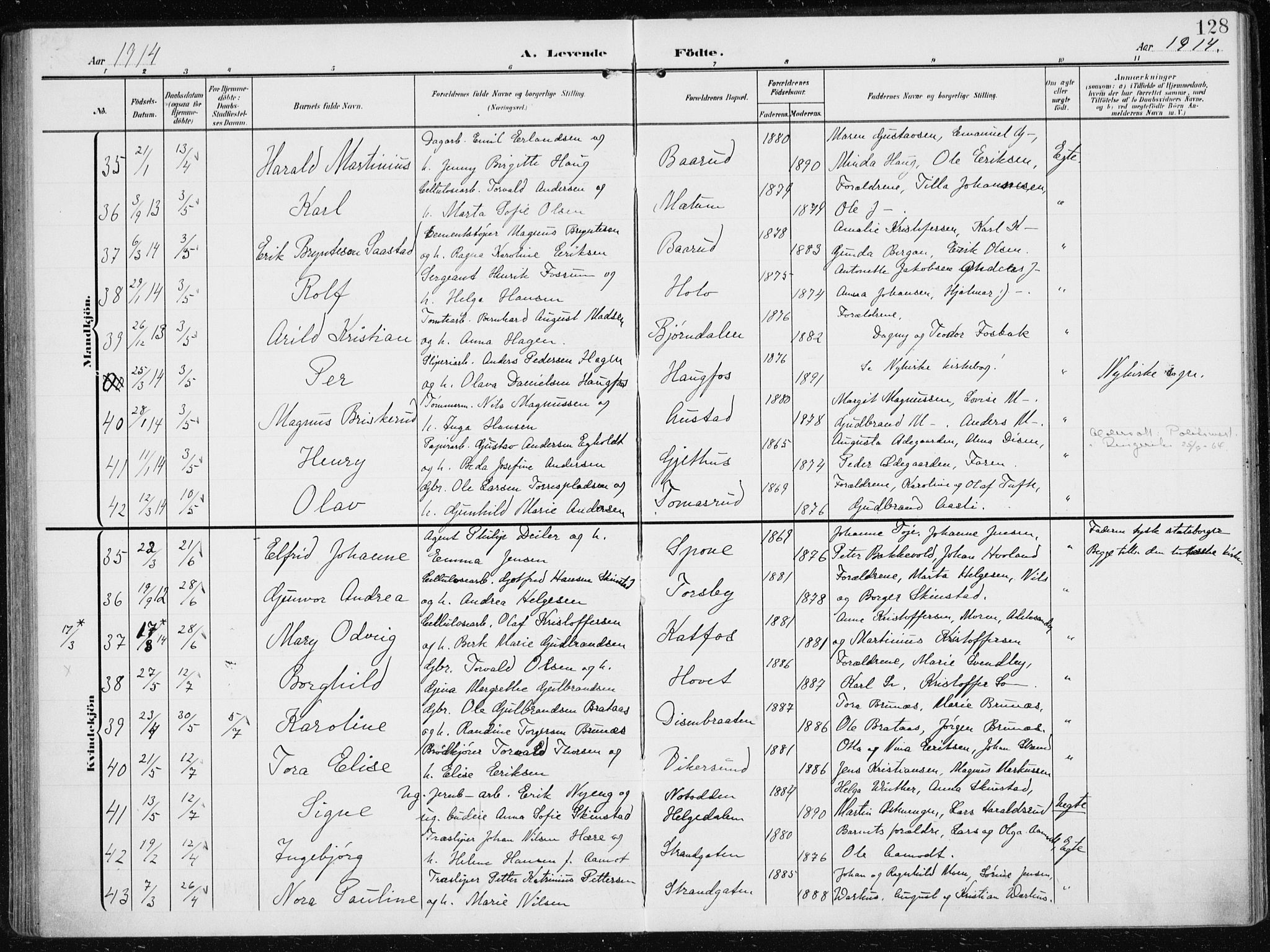 Modum kirkebøker, AV/SAKO-A-234/F/Fa/L0014a: Parish register (official) no. 14A, 1906-1918, p. 128