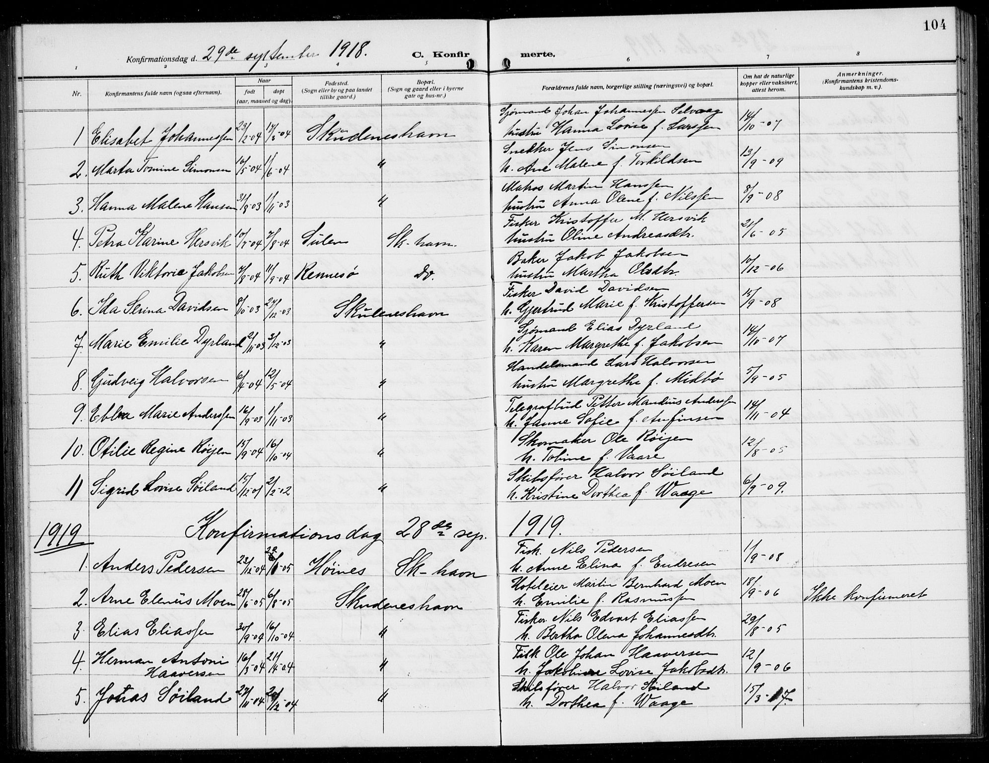 Skudenes sokneprestkontor, SAST/A -101849/H/Ha/Hab/L0010: Parish register (copy) no. B 10, 1908-1936, p. 104