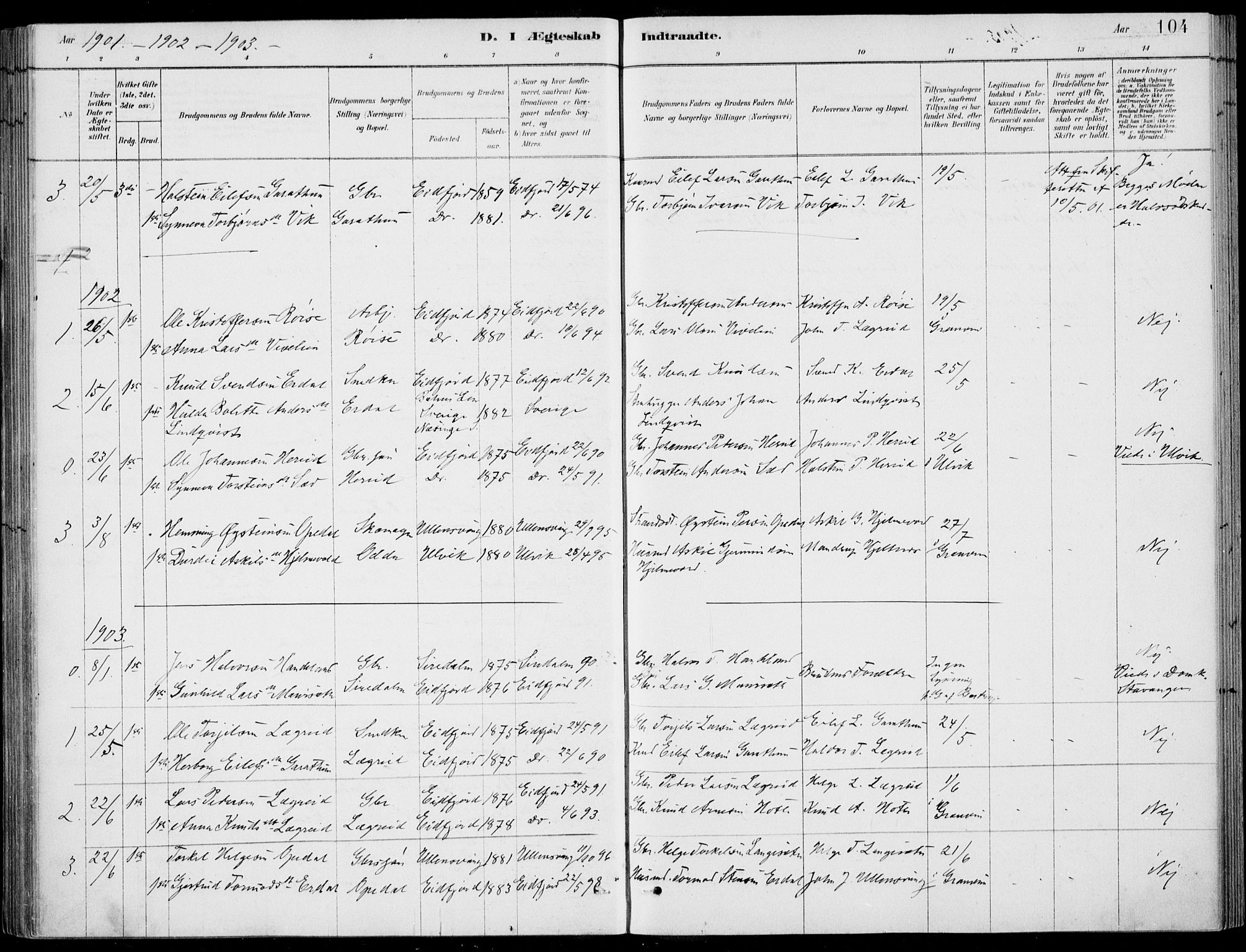 Ulvik sokneprestembete, SAB/A-78801/H/Haa: Parish register (official) no. D  1, 1878-1903, p. 104