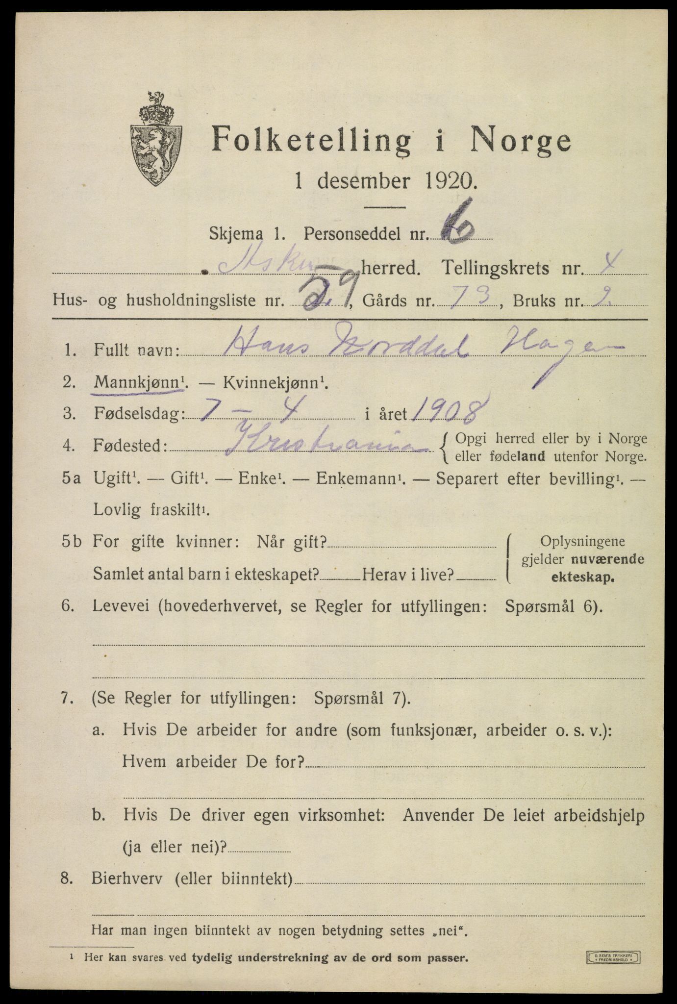 SAO, 1920 census for Asker, 1920, p. 11028