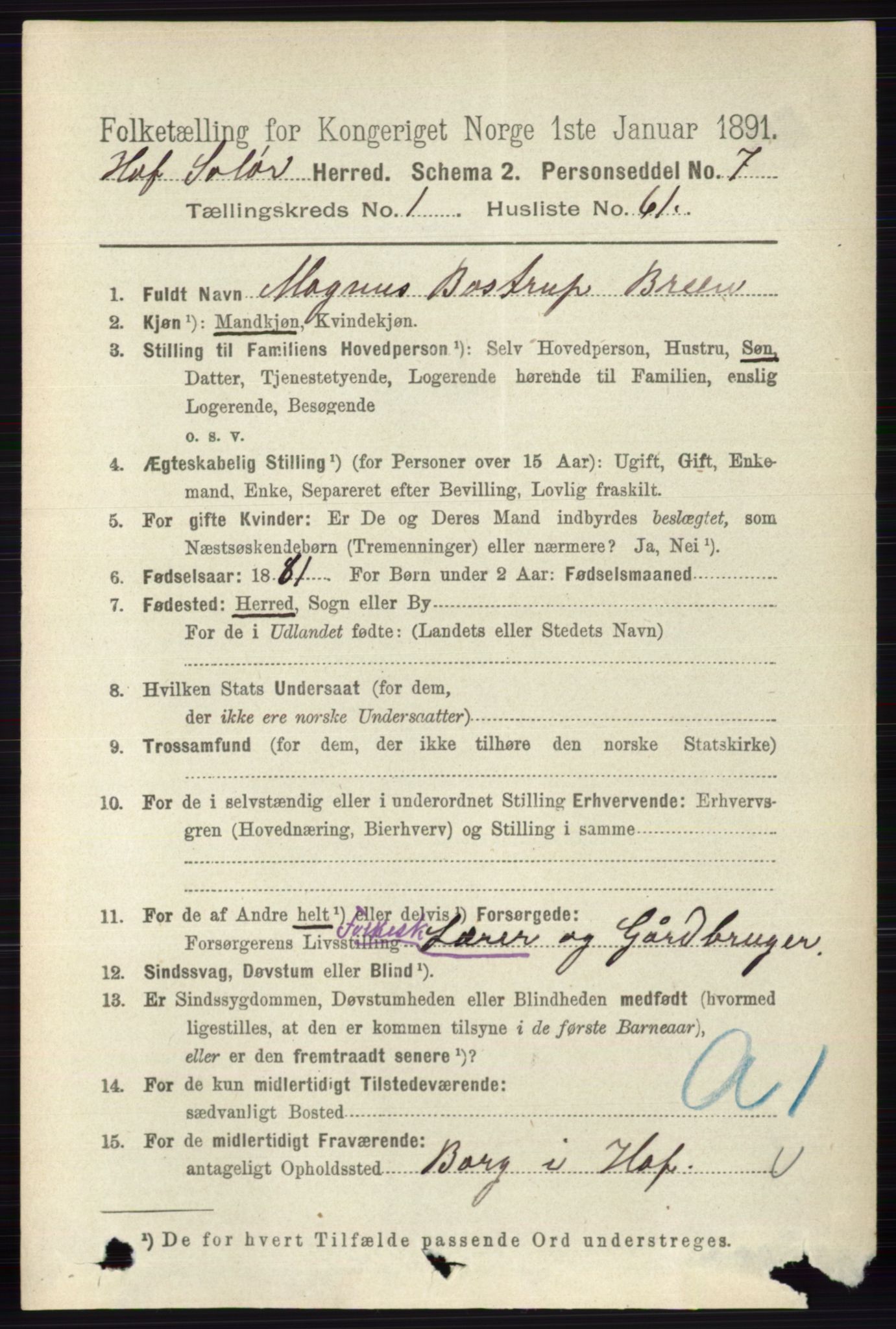 RA, 1891 census for 0424 Hof, 1891, p. 404