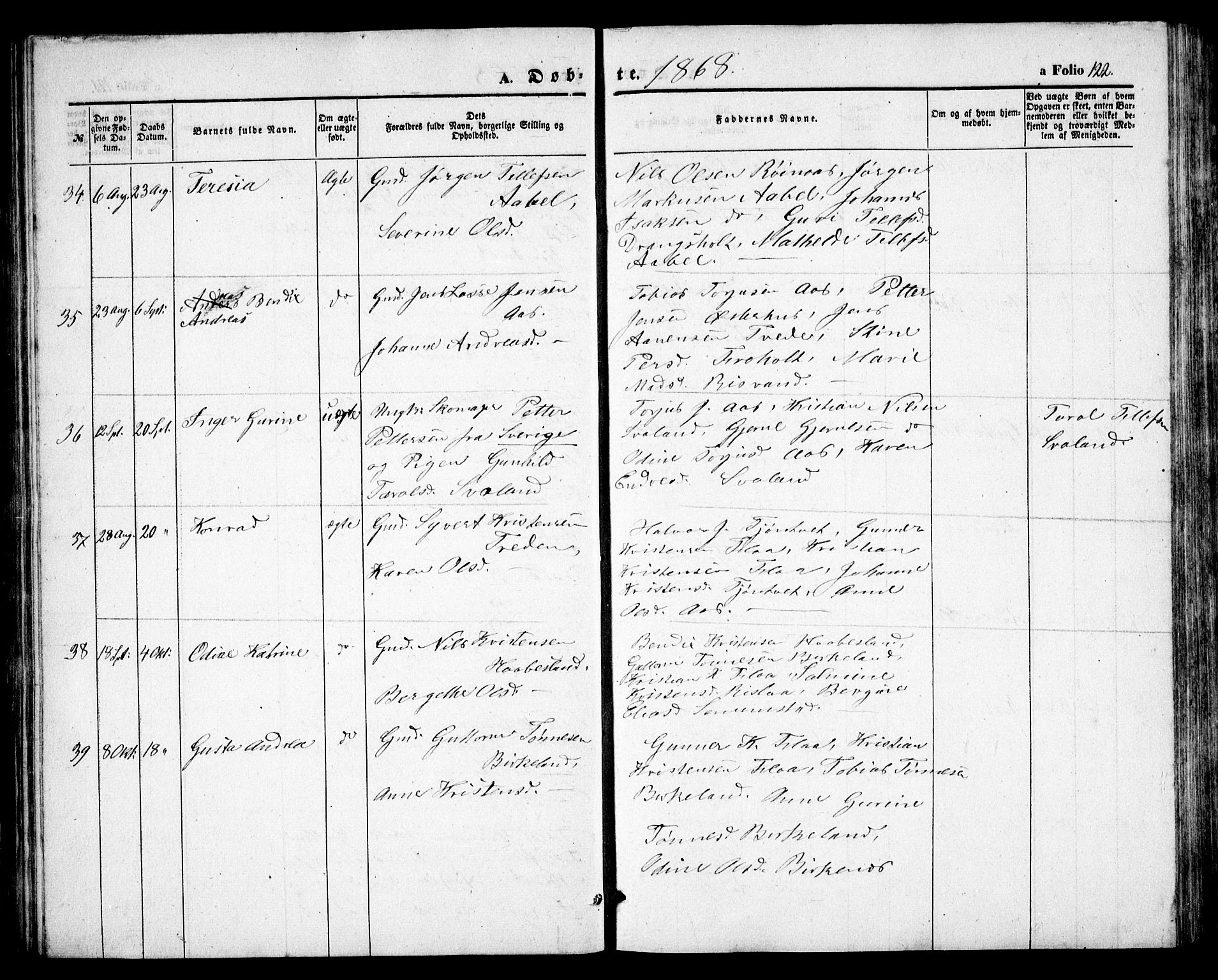 Birkenes sokneprestkontor, AV/SAK-1111-0004/F/Fb/L0002: Parish register (copy) no. B 2, 1849-1876, p. 122