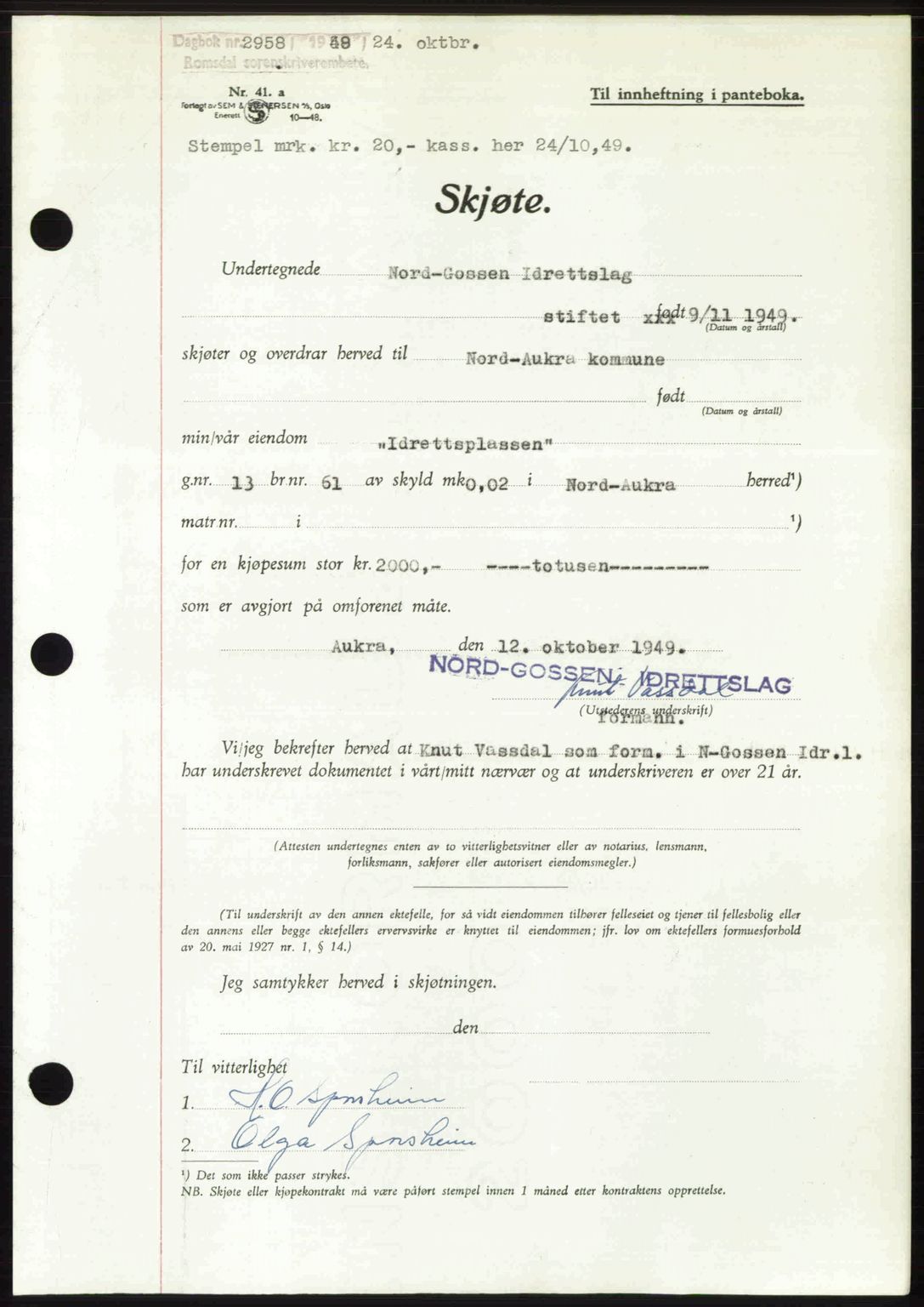 Romsdal sorenskriveri, AV/SAT-A-4149/1/2/2C: Mortgage book no. A31, 1949-1949, Diary no: : 2958/1949