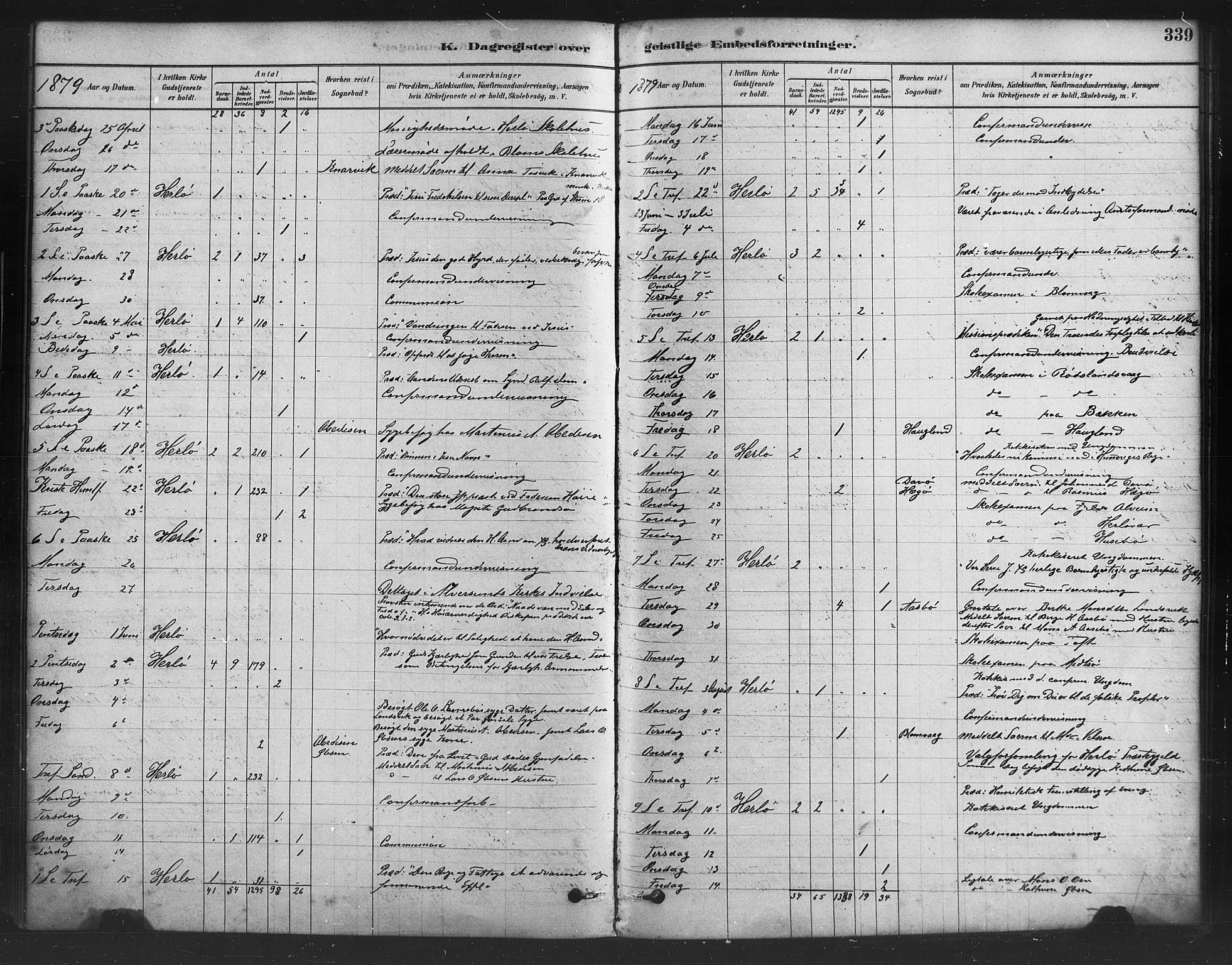 Herdla Sokneprestembete, AV/SAB-A-75701/H/Haa: Parish register (official) no. A 3, 1878-1890, p. 339