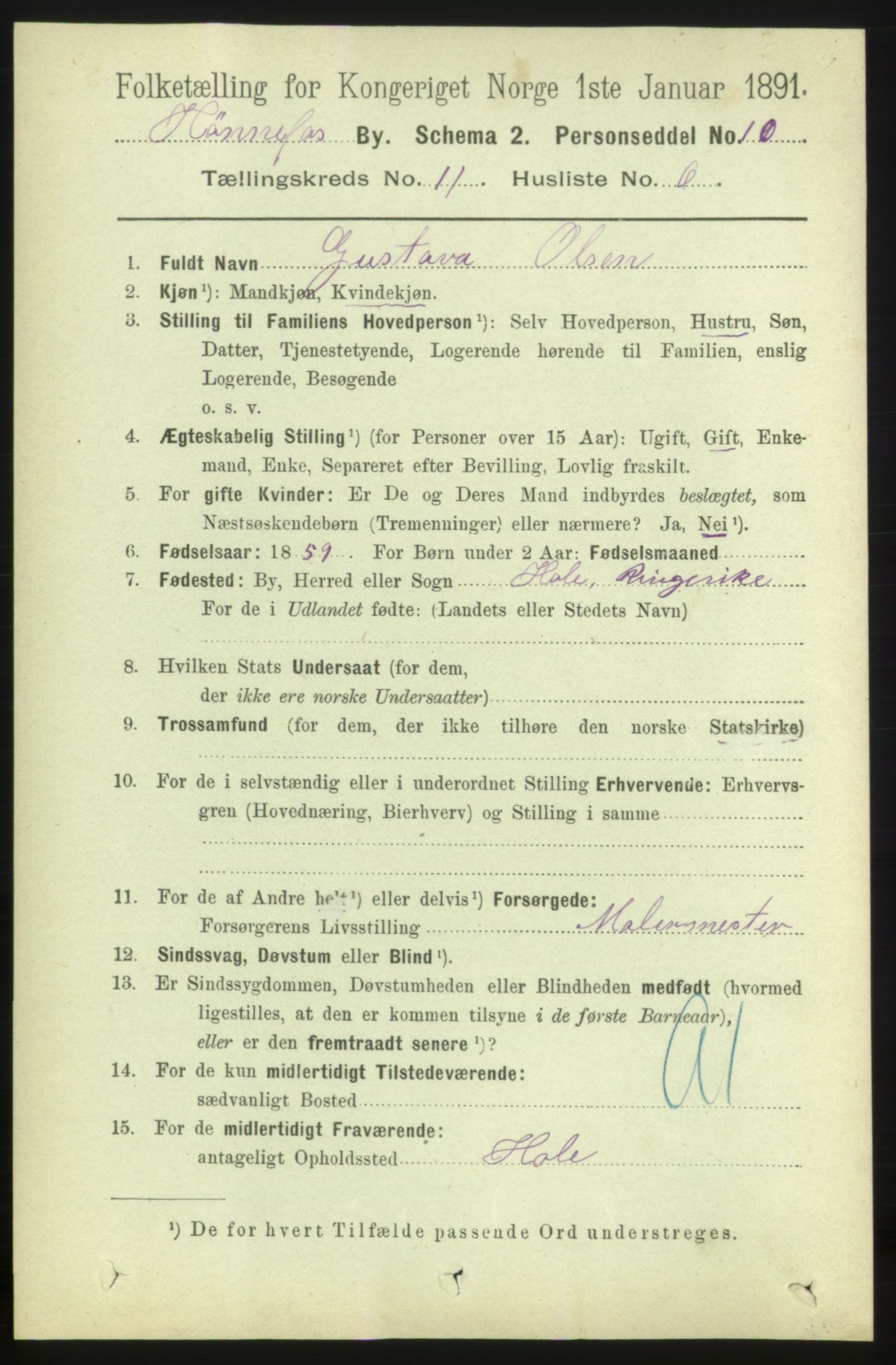 RA, 1891 census for 0601 Hønefoss, 1891, p. 1536