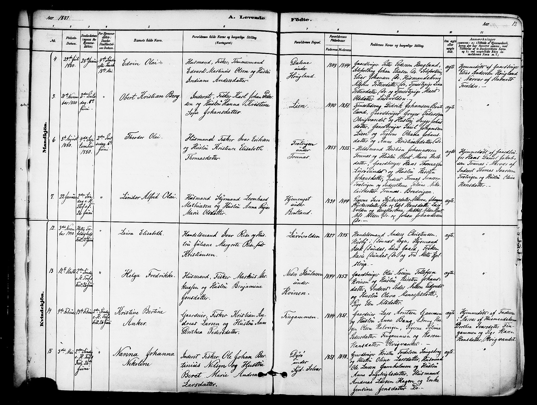 Ministerialprotokoller, klokkerbøker og fødselsregistre - Nordland, SAT/A-1459/839/L0568: Parish register (official) no. 839A05, 1880-1902, p. 12