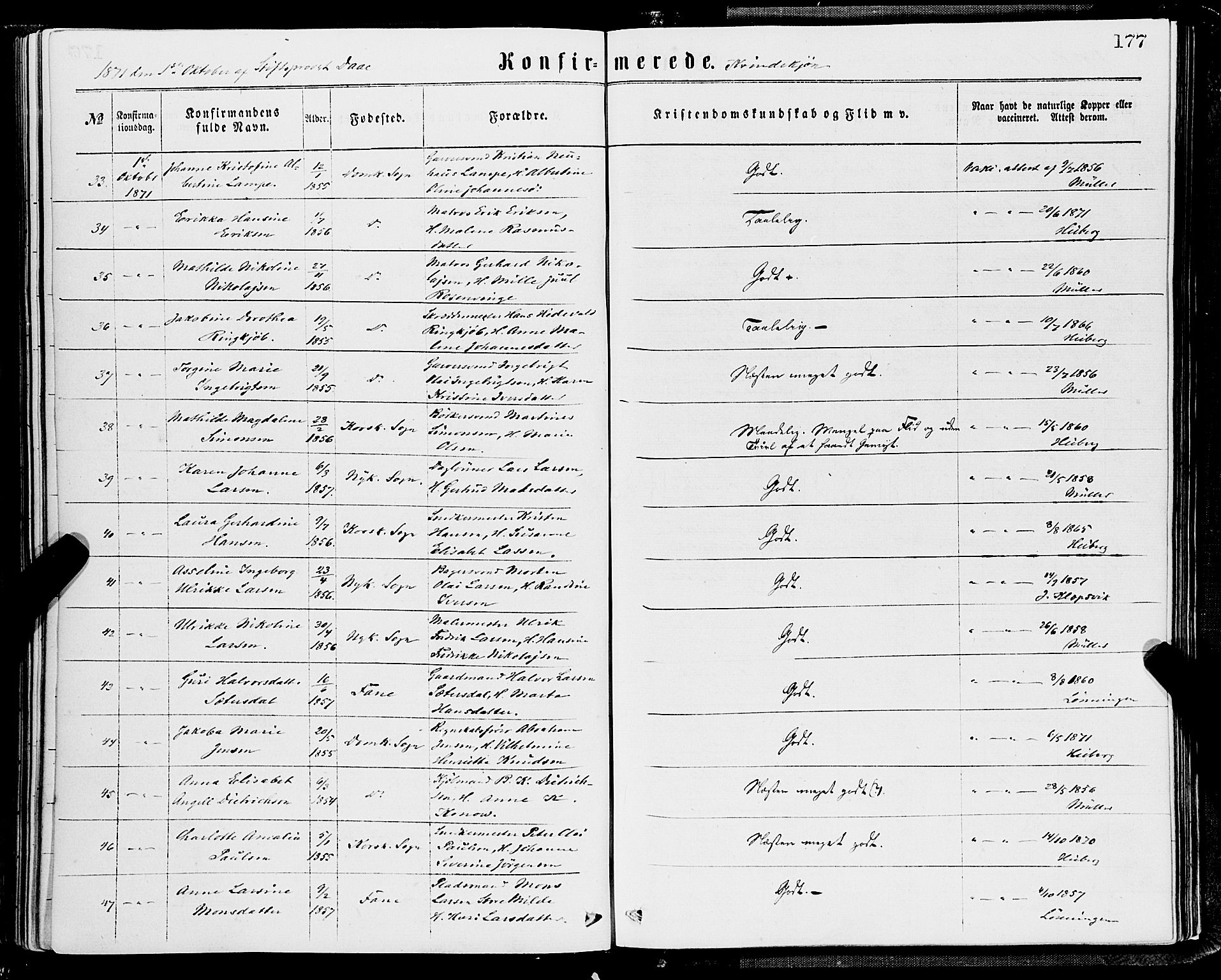 Domkirken sokneprestembete, SAB/A-74801/H/Haa/L0029: Parish register (official) no. C 4, 1864-1879, p. 177