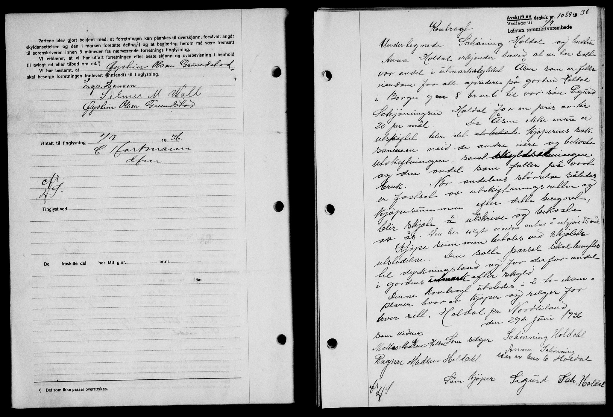 Lofoten sorenskriveri, SAT/A-0017/1/2/2C/L0001a: Mortgage book no. 1a, 1936-1937, Diary no: : 1089/1936