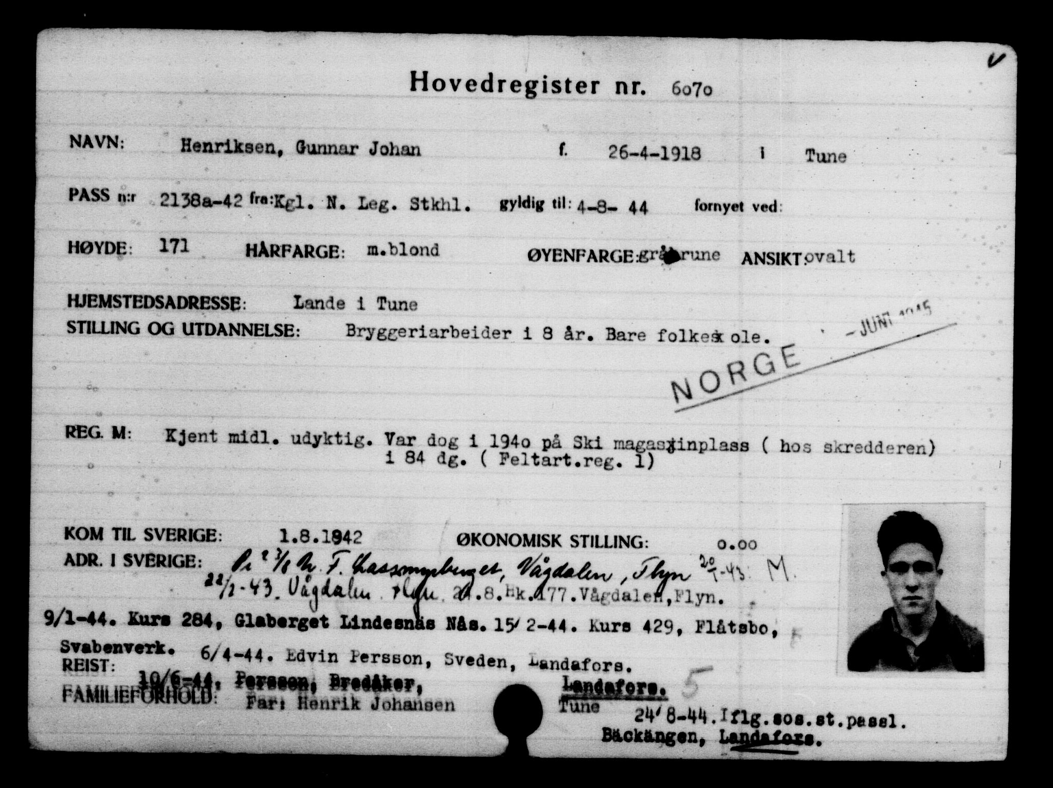 Utenriksstasjonene, Legasjonen i Stockholm, Flyktningkontoret, AV/RA-S-6753/V/Va/L0004: Kjesäterkartoteket, flyktninger med registreringsnr. 3496-6610, 1940-1945, p. 3014