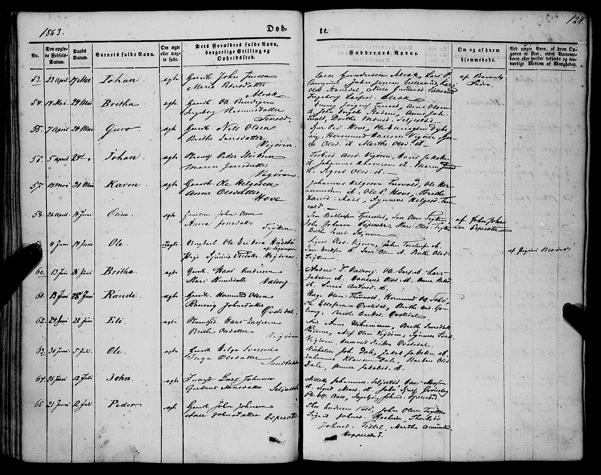 Vik sokneprestembete, AV/SAB-A-81501/H/Haa/Haaa/L0008: Parish register (official) no. A 8, 1846-1865, p. 124