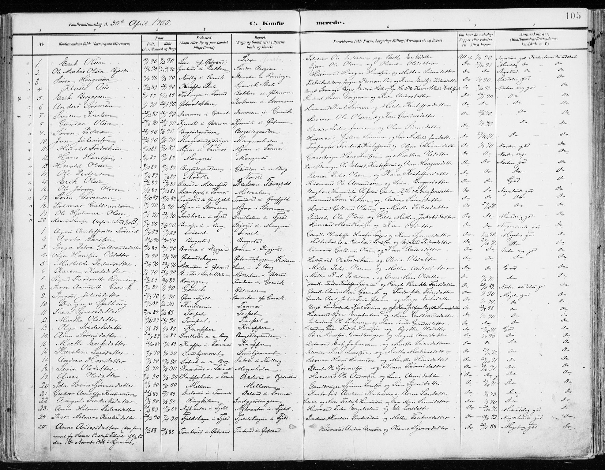 Nord-Odal prestekontor, AV/SAH-PREST-032/H/Ha/Haa/L0009: Parish register (official) no. 9, 1902-1926, p. 105