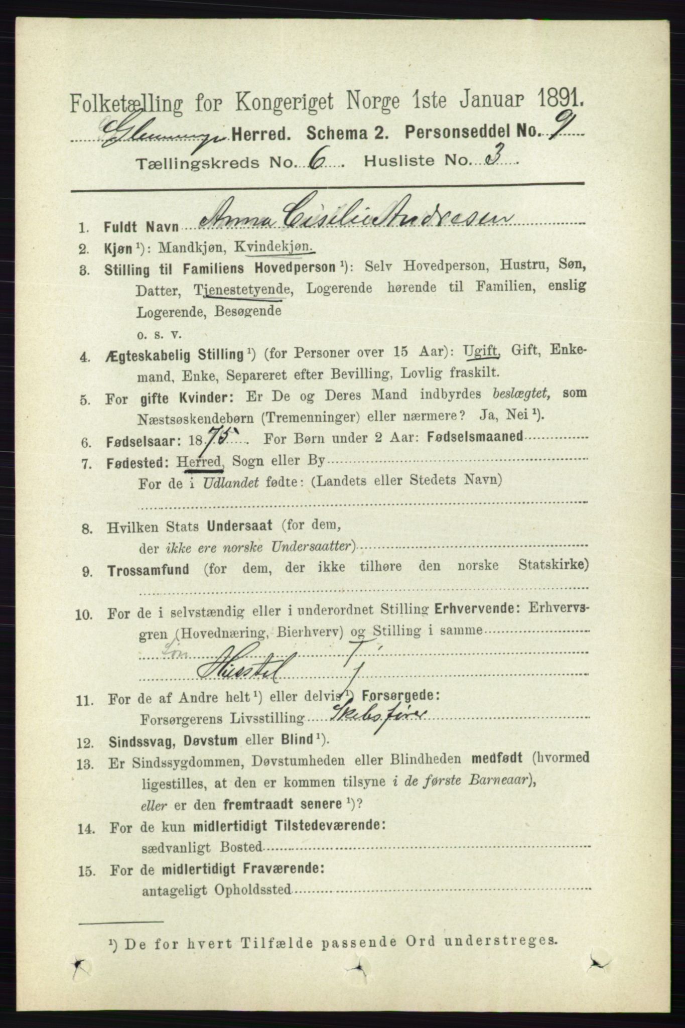 RA, 1891 census for 0132 Glemmen, 1891, p. 7527