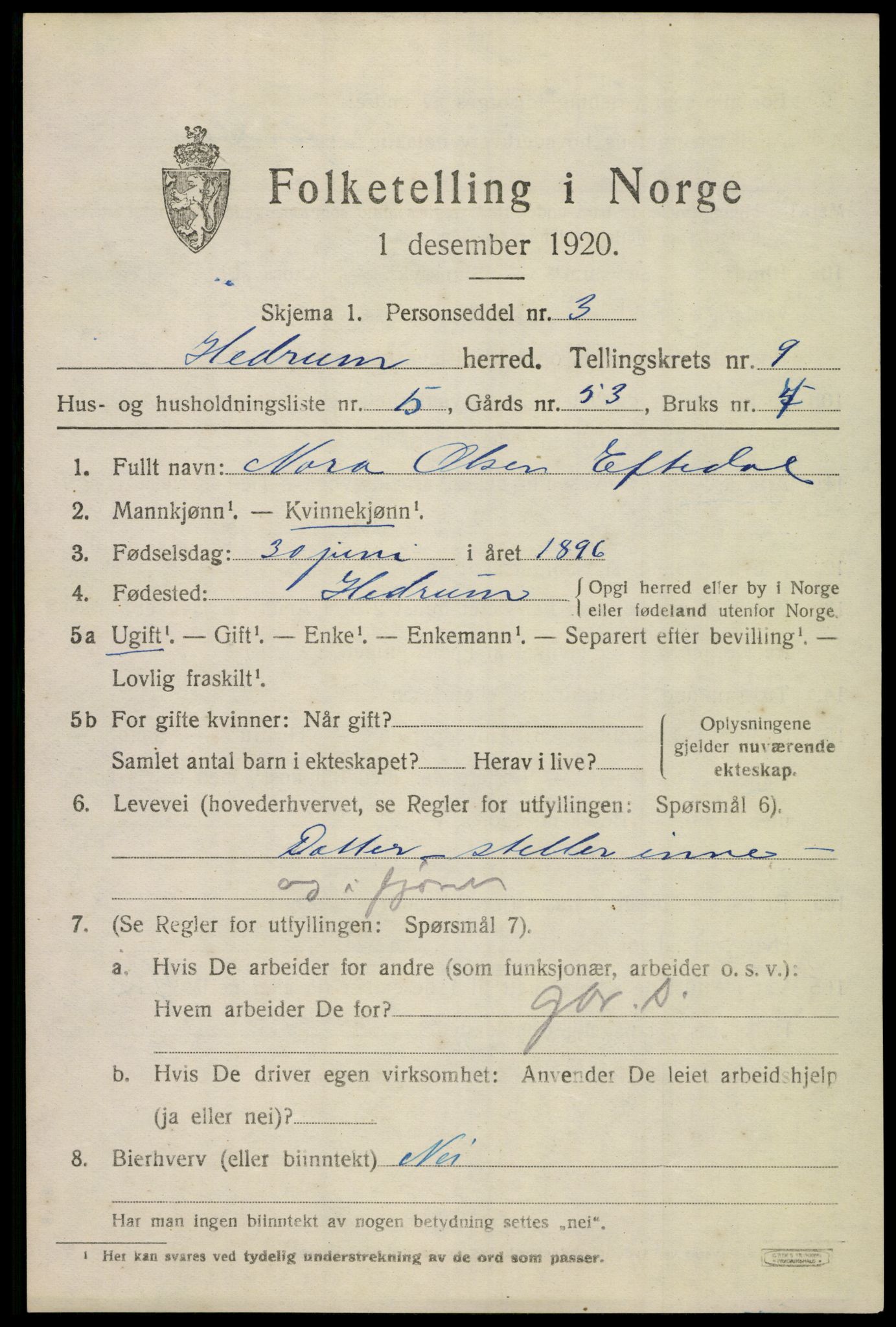 SAKO, 1920 census for Hedrum, 1920, p. 6841
