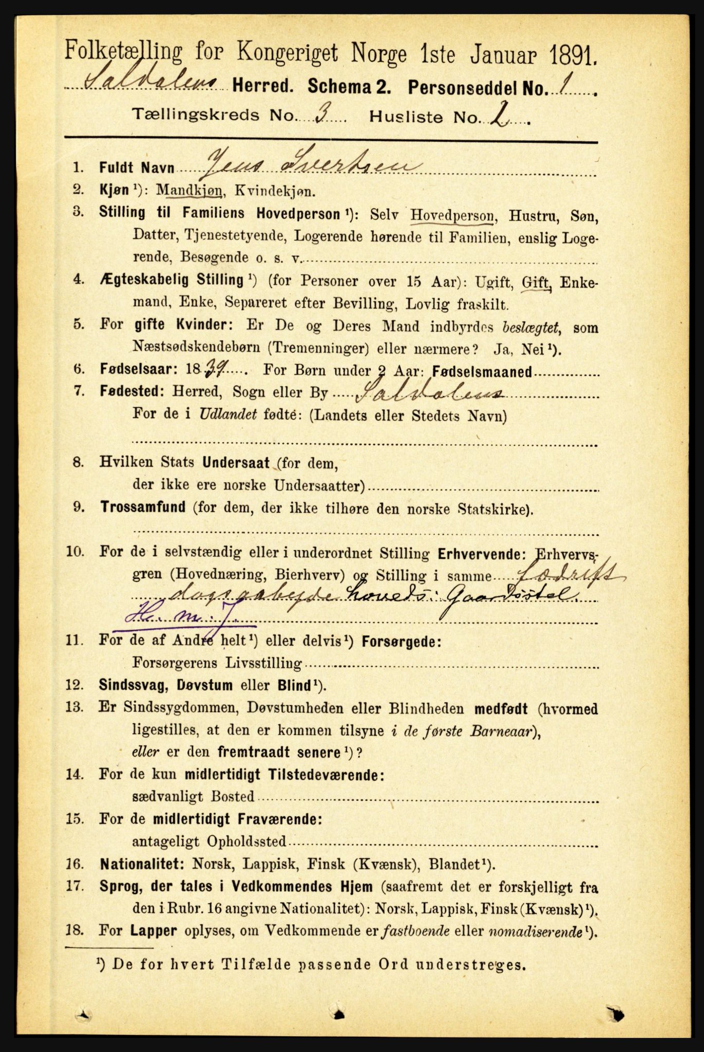 RA, 1891 census for 1840 Saltdal, 1891, p. 1664