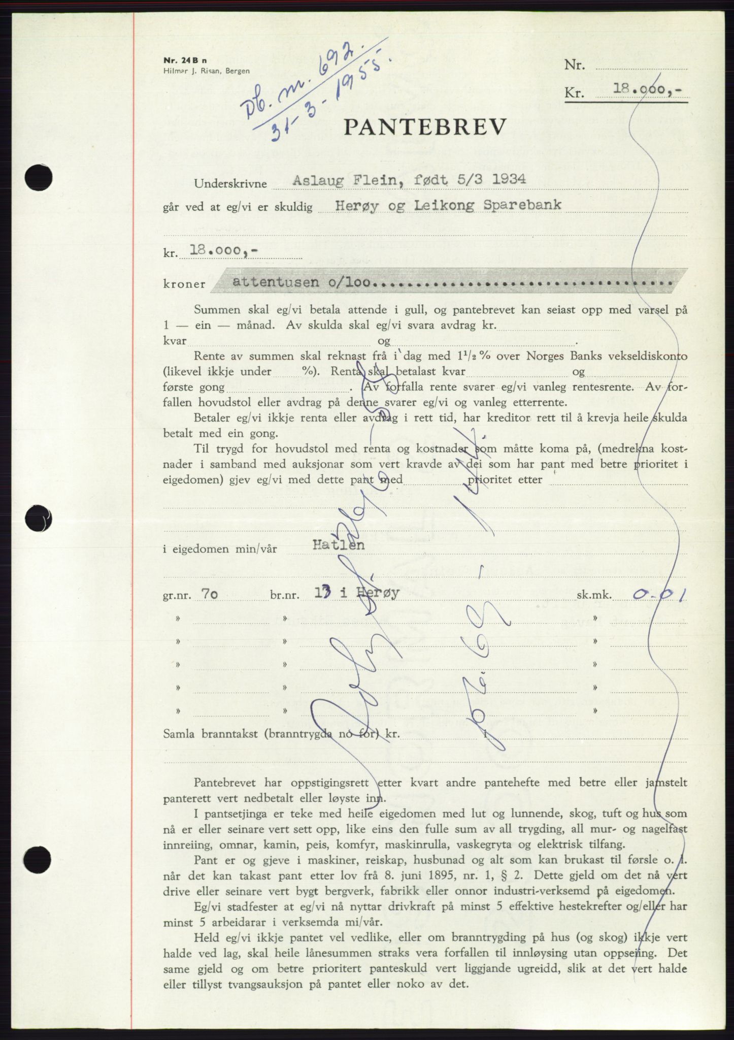 Søre Sunnmøre sorenskriveri, AV/SAT-A-4122/1/2/2C/L0126: Mortgage book no. 14B, 1954-1955, Diary no: : 692/1955