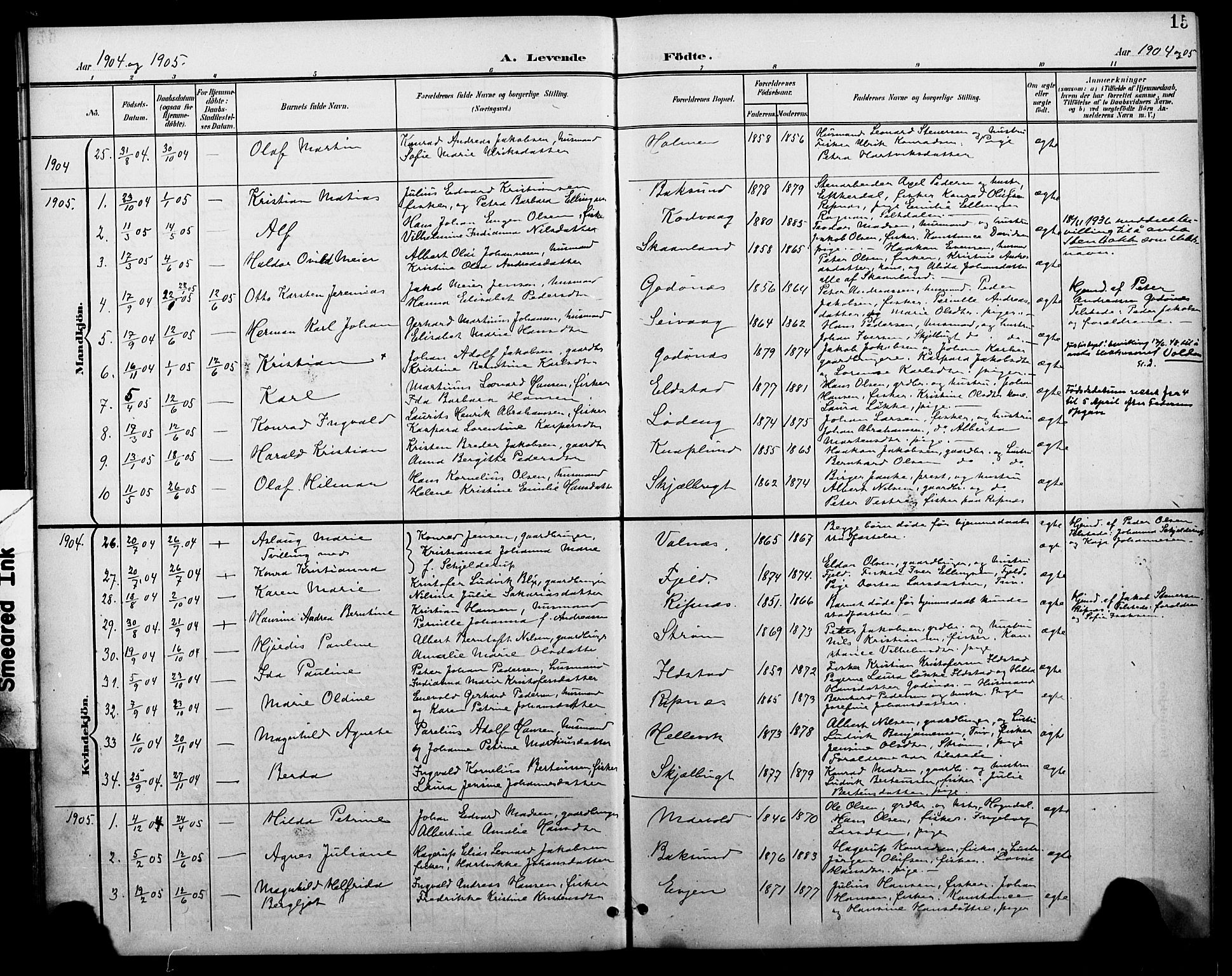 Ministerialprotokoller, klokkerbøker og fødselsregistre - Nordland, SAT/A-1459/804/L0088: Parish register (copy) no. 804C01, 1901-1917, p. 15