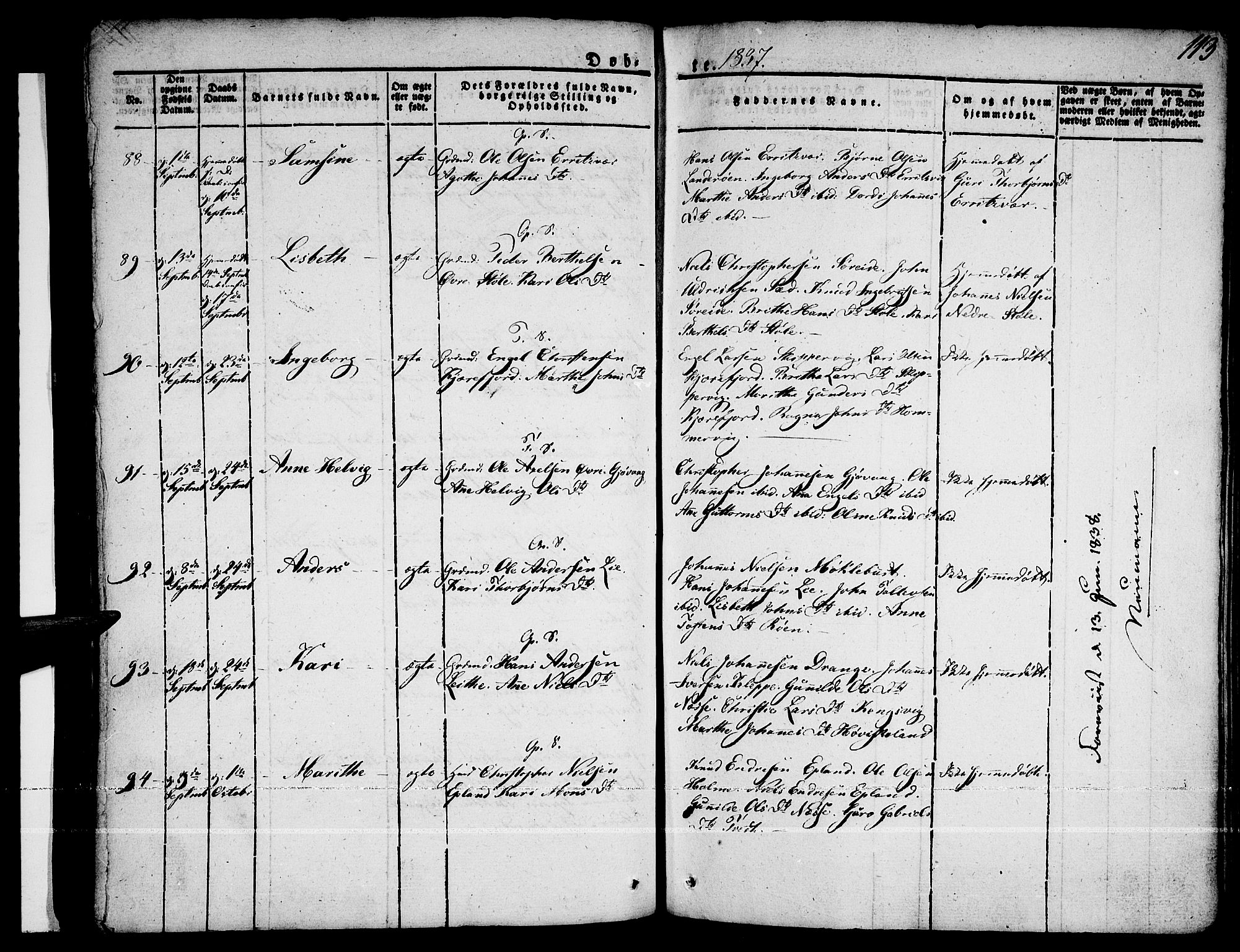 Tysnes sokneprestembete, SAB/A-78601/H/Haa: Parish register (official) no. A 8, 1826-1837, p. 113